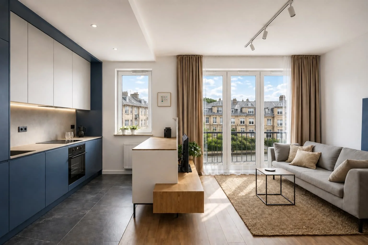 Open-plan apartment with a blue kitchen, seating area and balcony doors.