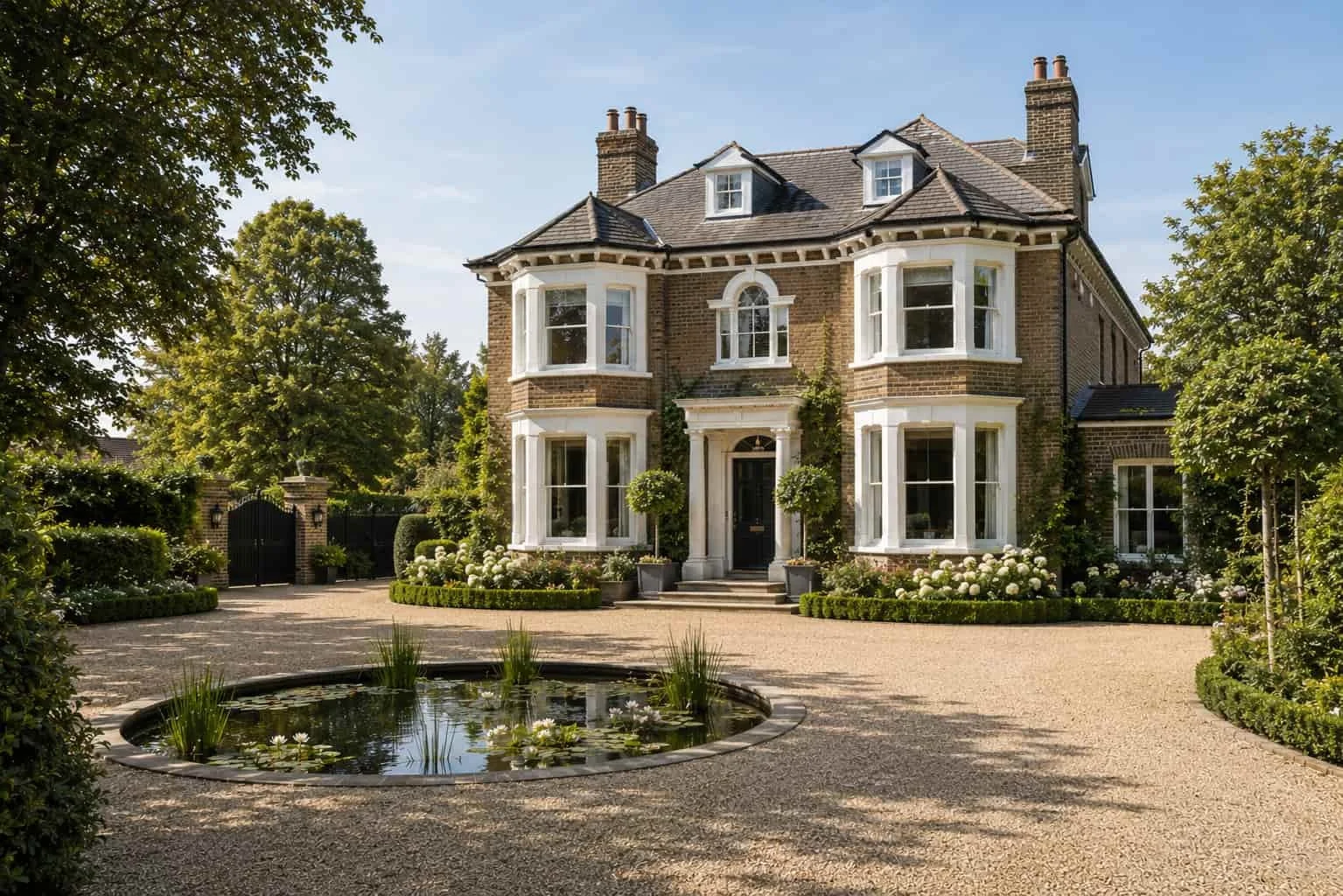 Large double-fronted Victorian house with flower borders, trees and a sweeping driveway.
