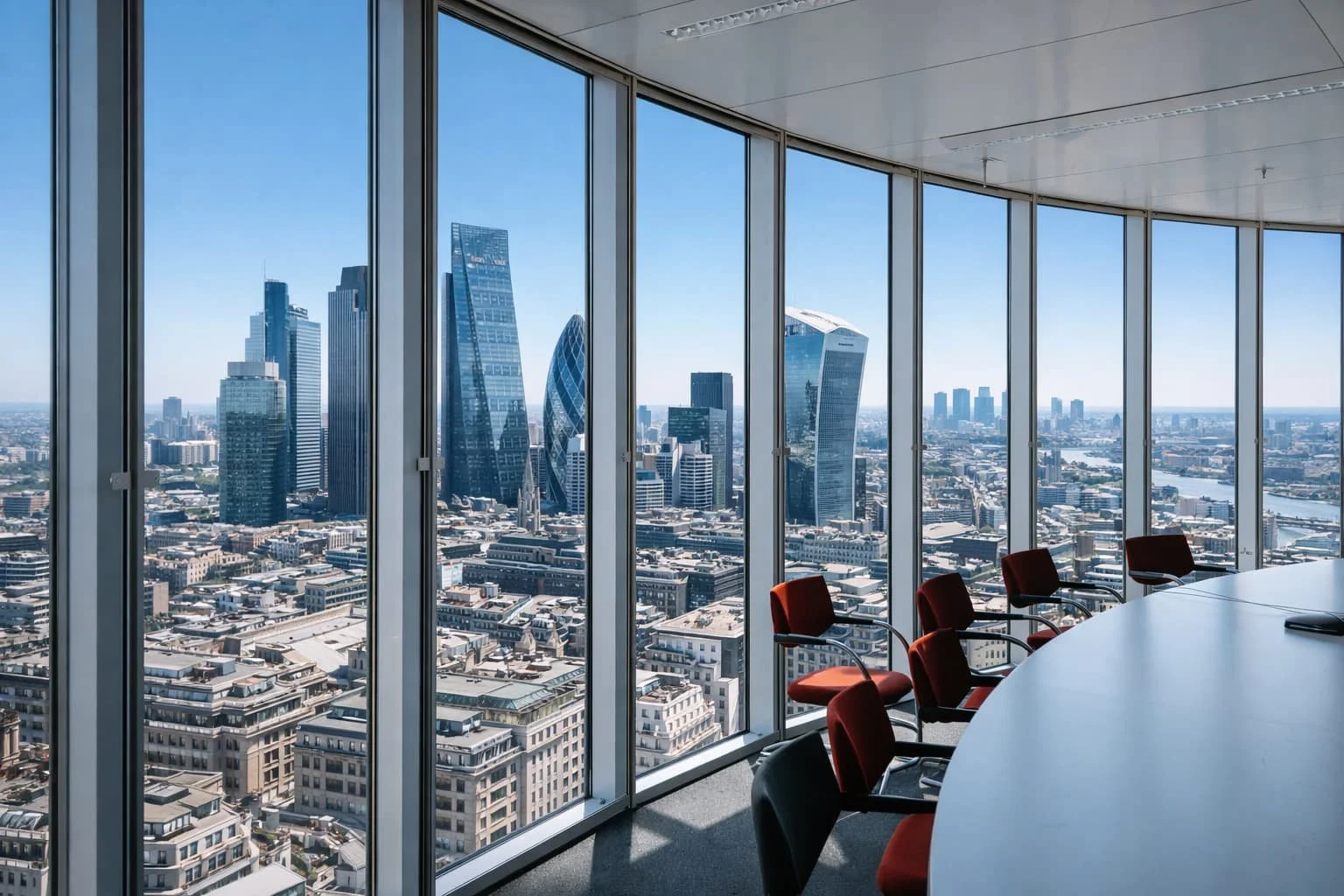 Modern conference room overlooking the City skyline representing complex income and corporate clients