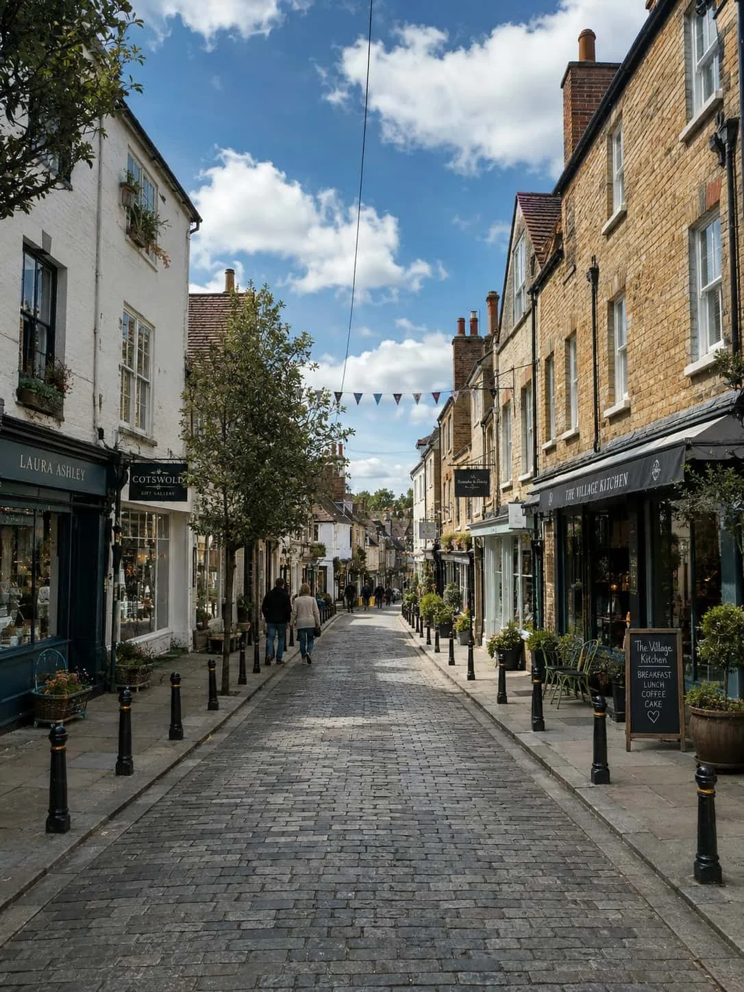 A row of brick built Victorian flats above shops in a quaint cobbled high street.