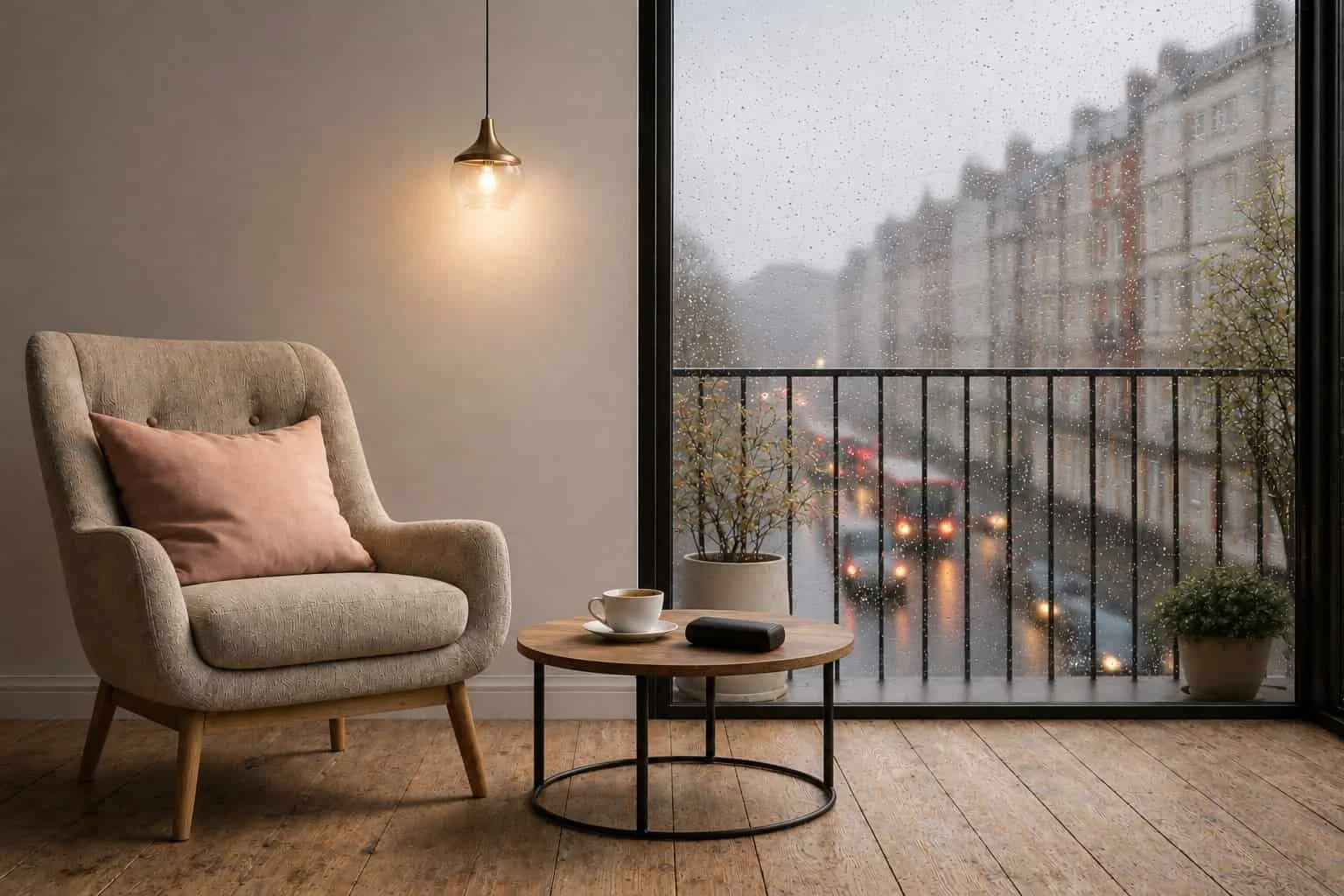 Armchair beside a large window overlooking terraced buildings on a rainy day.