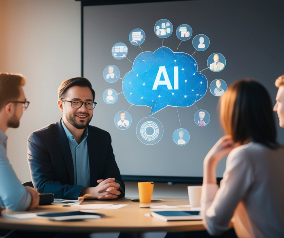 Business meeting with four people discussing AI concepts displayed on a screen.