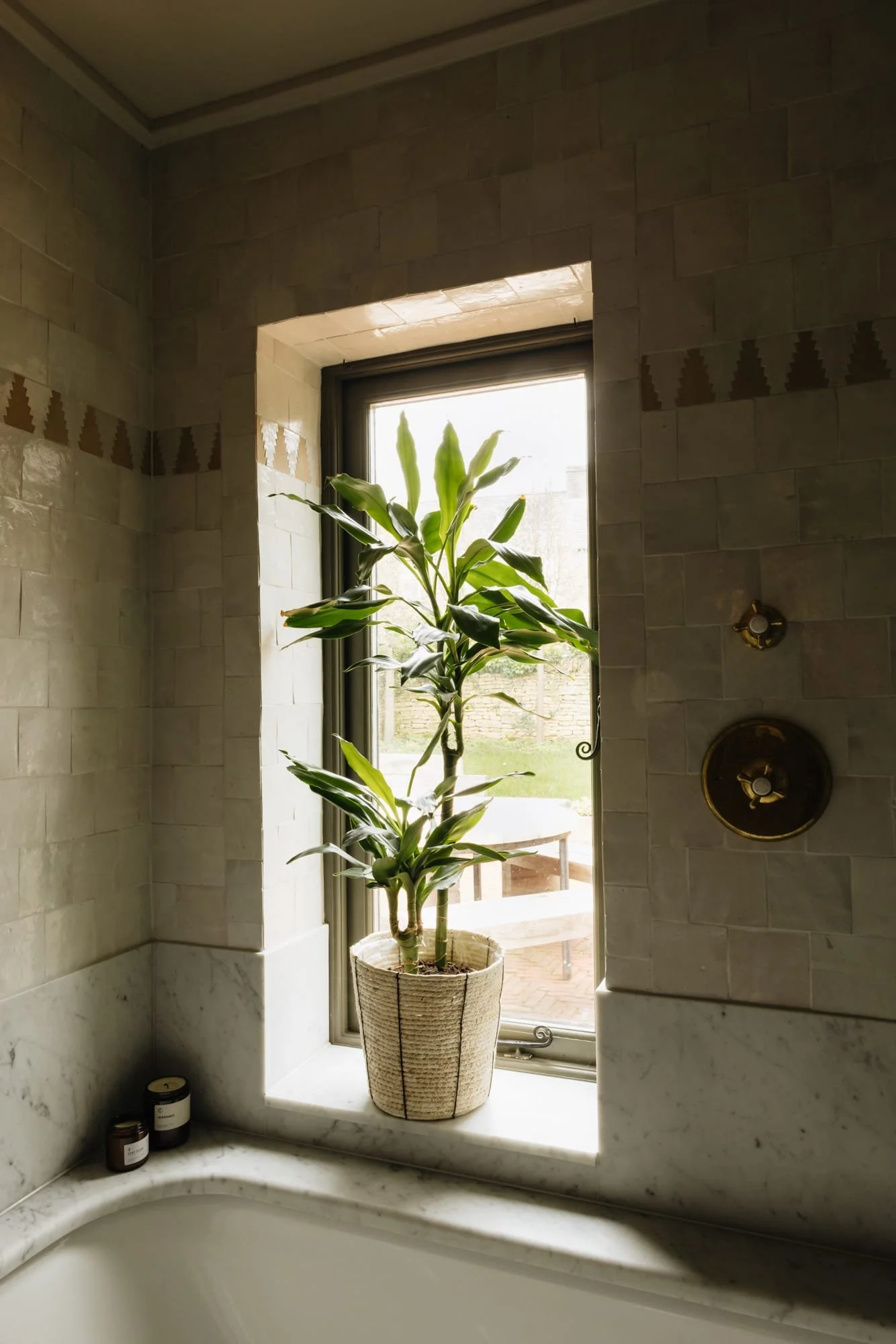 A potted plant on a windowsill in a bathroom, with candles on the bathroom ledge and a bathtub below, outside scene visible through the window.