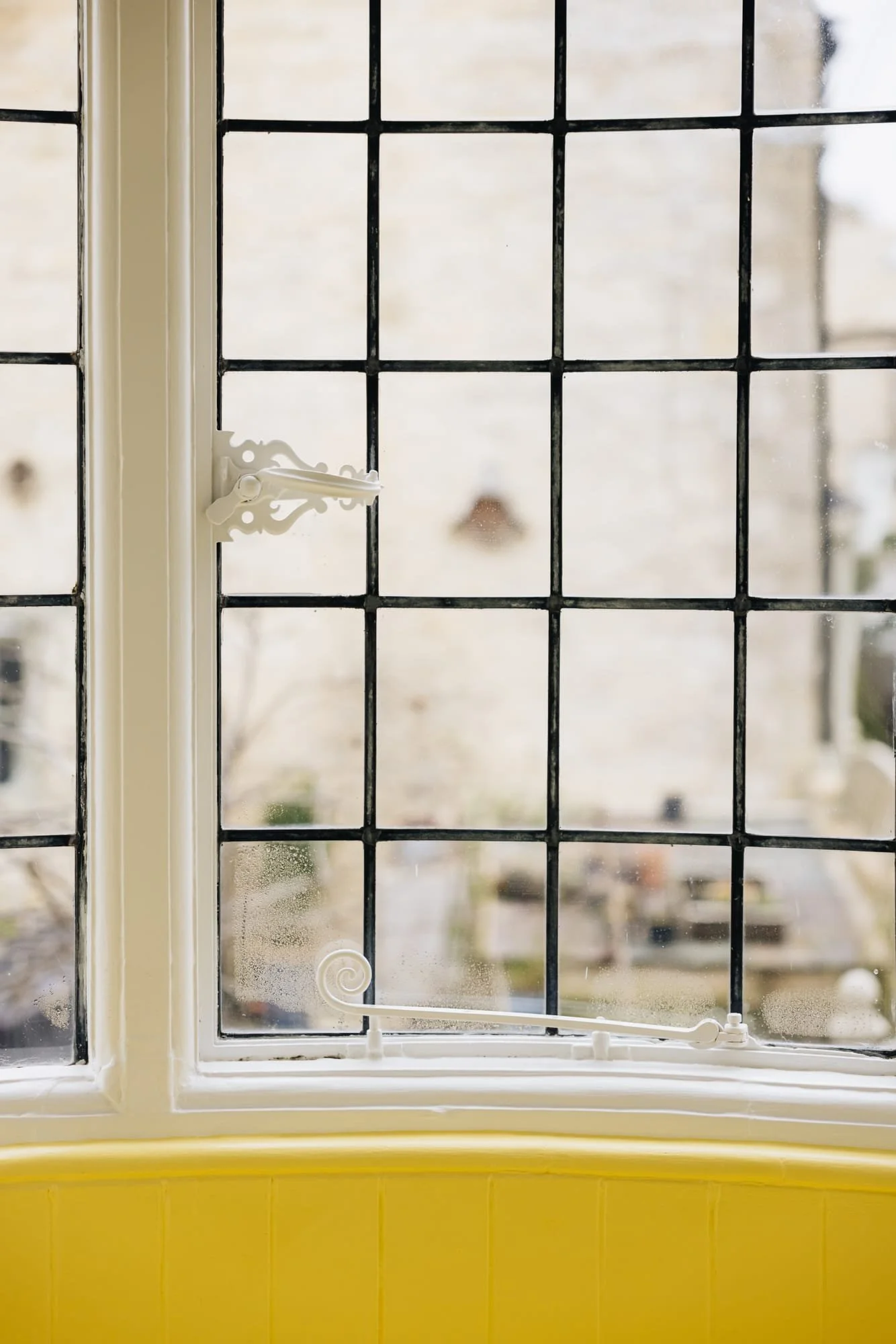 Close-up of a window with black grid pattern, beige frame, and decorative white latch, showing an outdoor scene with blurry trees and buildings.