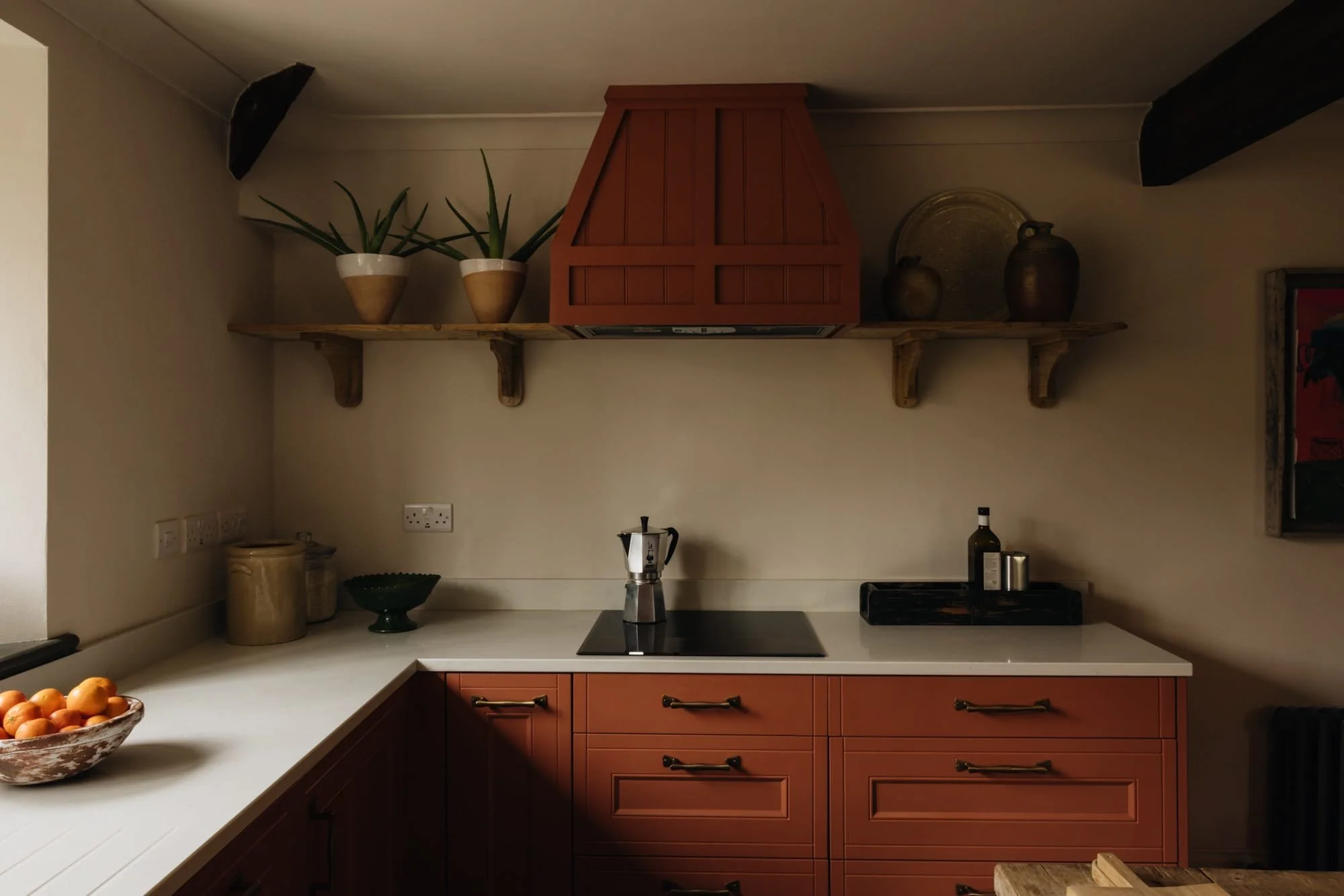 A kitchen with red cabinets, a white countertop, a stovetop, and open wooden shelves holding potted plants and decorative vases.