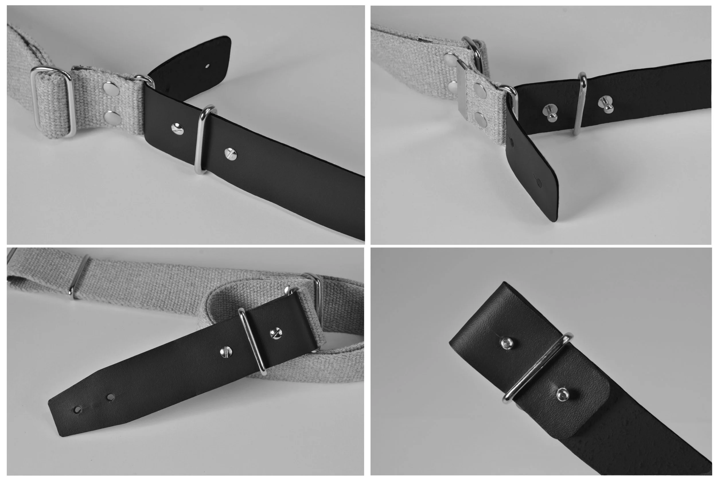 Collage of four different belts made of leather and fabric with metal hardware including buckles and rings, displayed on a white surface.