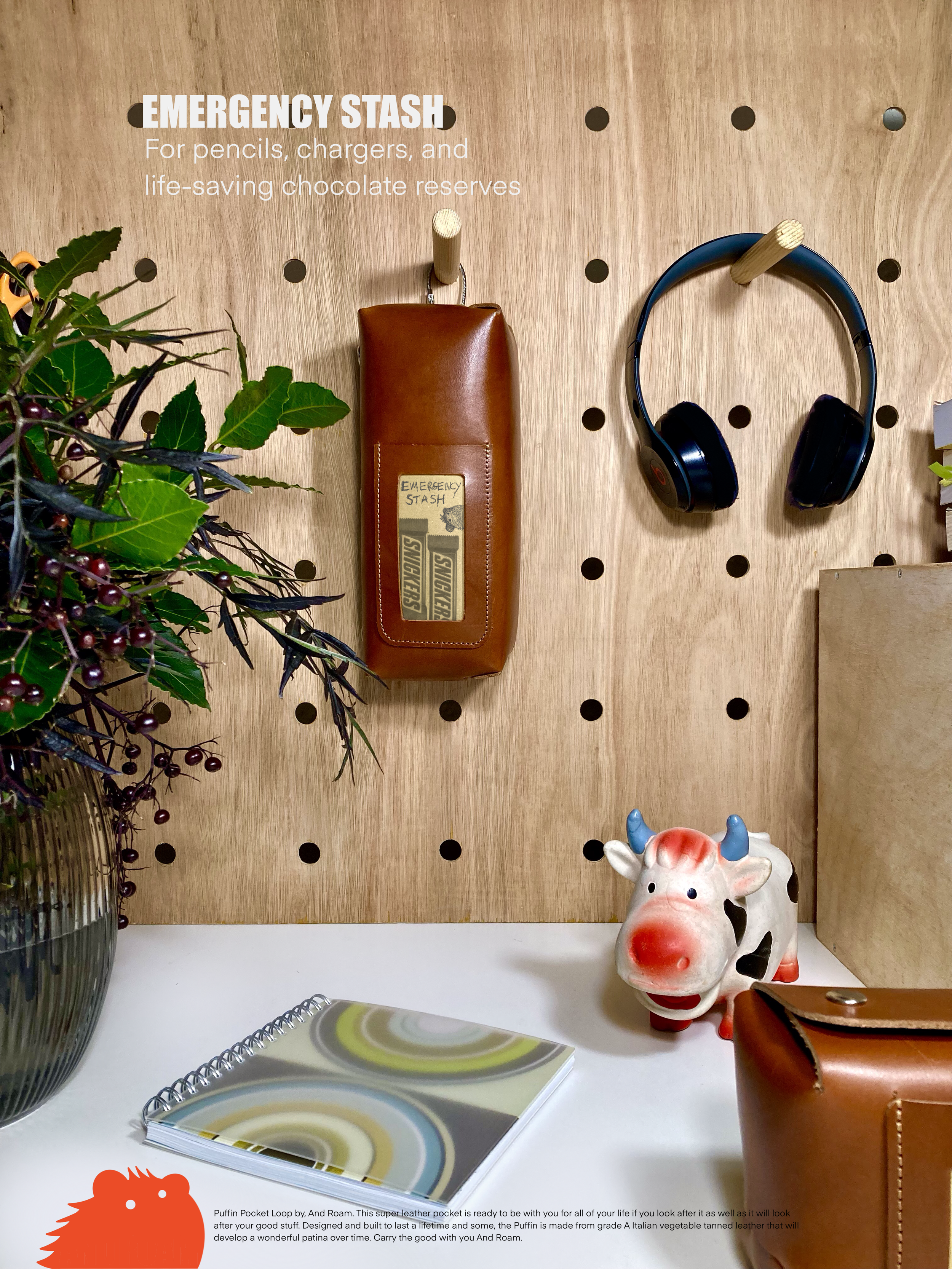 Puffin Pocket on pegboard in the studio 