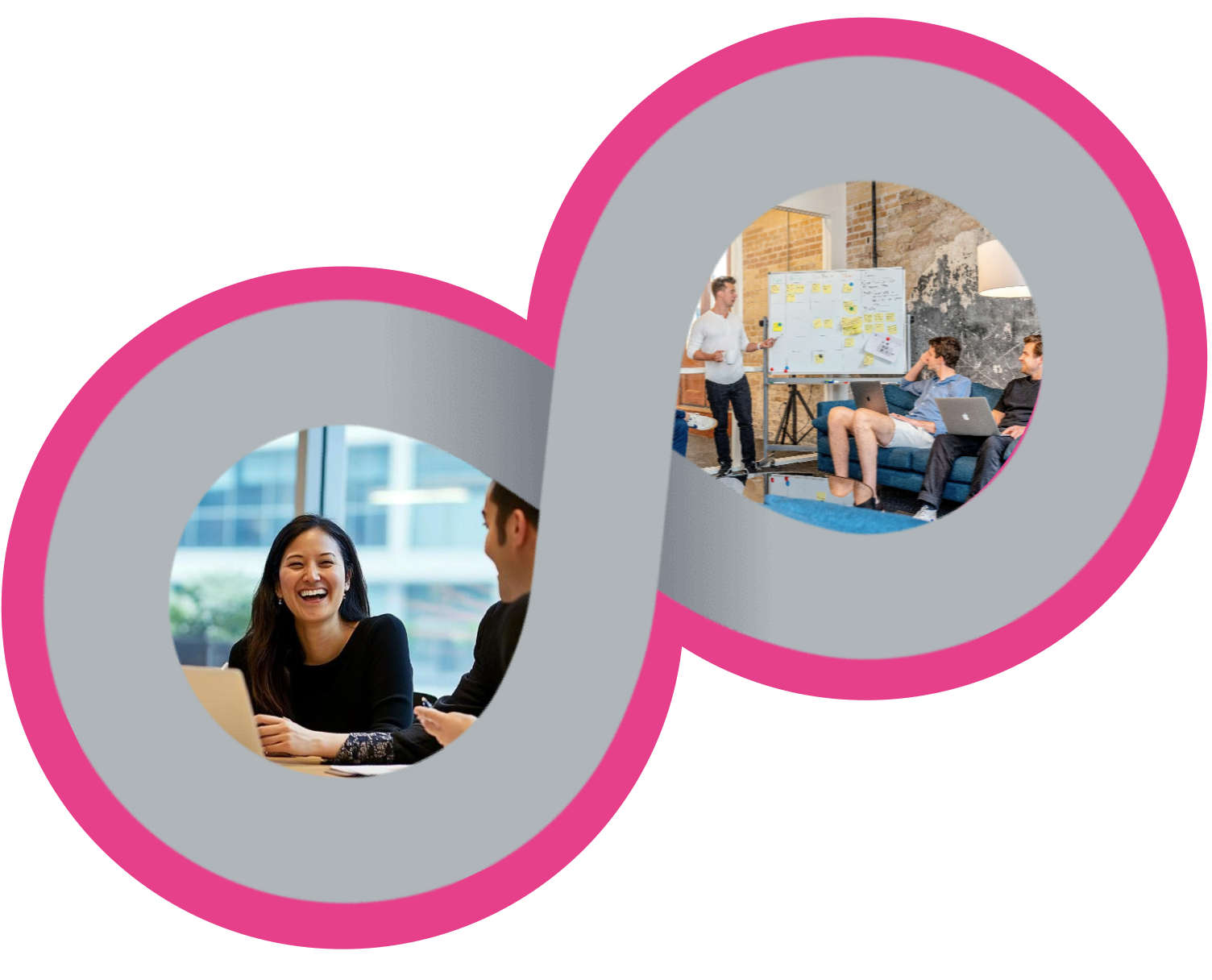 An image of the Neurodiversity Pathways logo next to an infinity symbol. Within the two circles of the infinity symbol are images of individuals in the workplace.