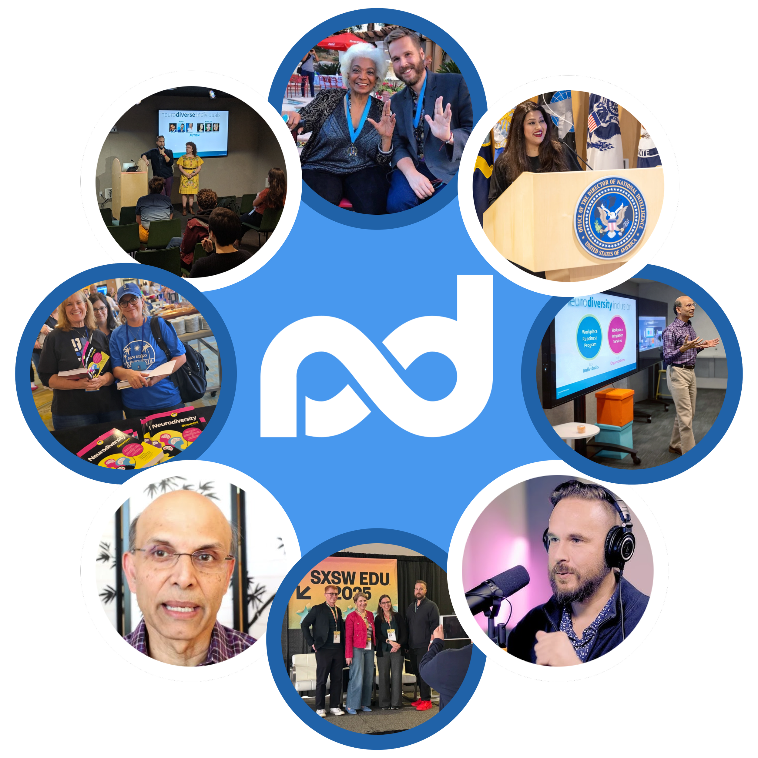 A collage of multiple images of Neurodiversity Pathways principals and trainees surrounding the Neurodiversity Pathways logo.