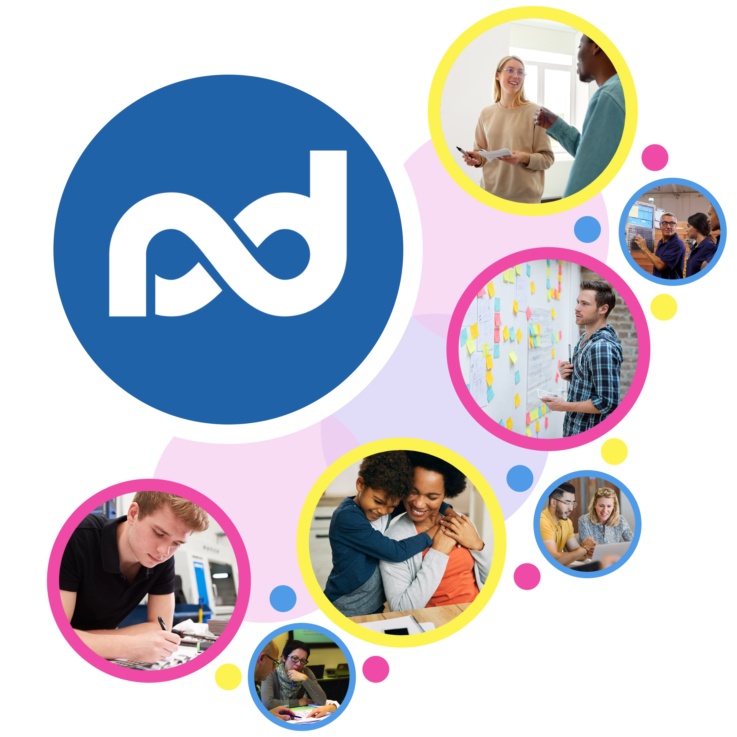 Neurodiversity Pathways logo surrounded by circular photos of people collaborating at work, learning, problem-solving, and connecting with family, representing support across workplace, education, and everyday life.