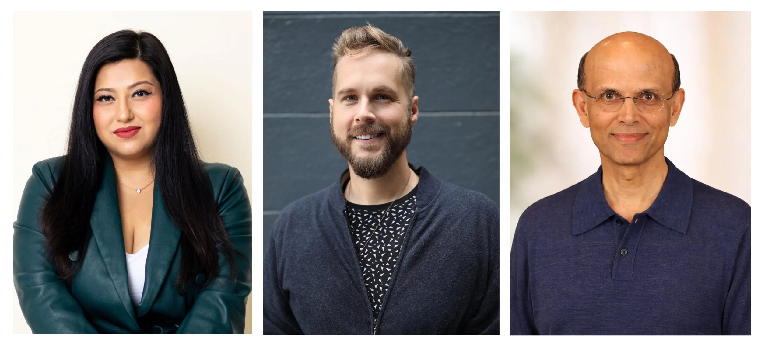 Composite image of Khushboo Chabria, John Marble, and Ranga Jayaraman in professional headshots, shown side by side against neutral backgrounds.
