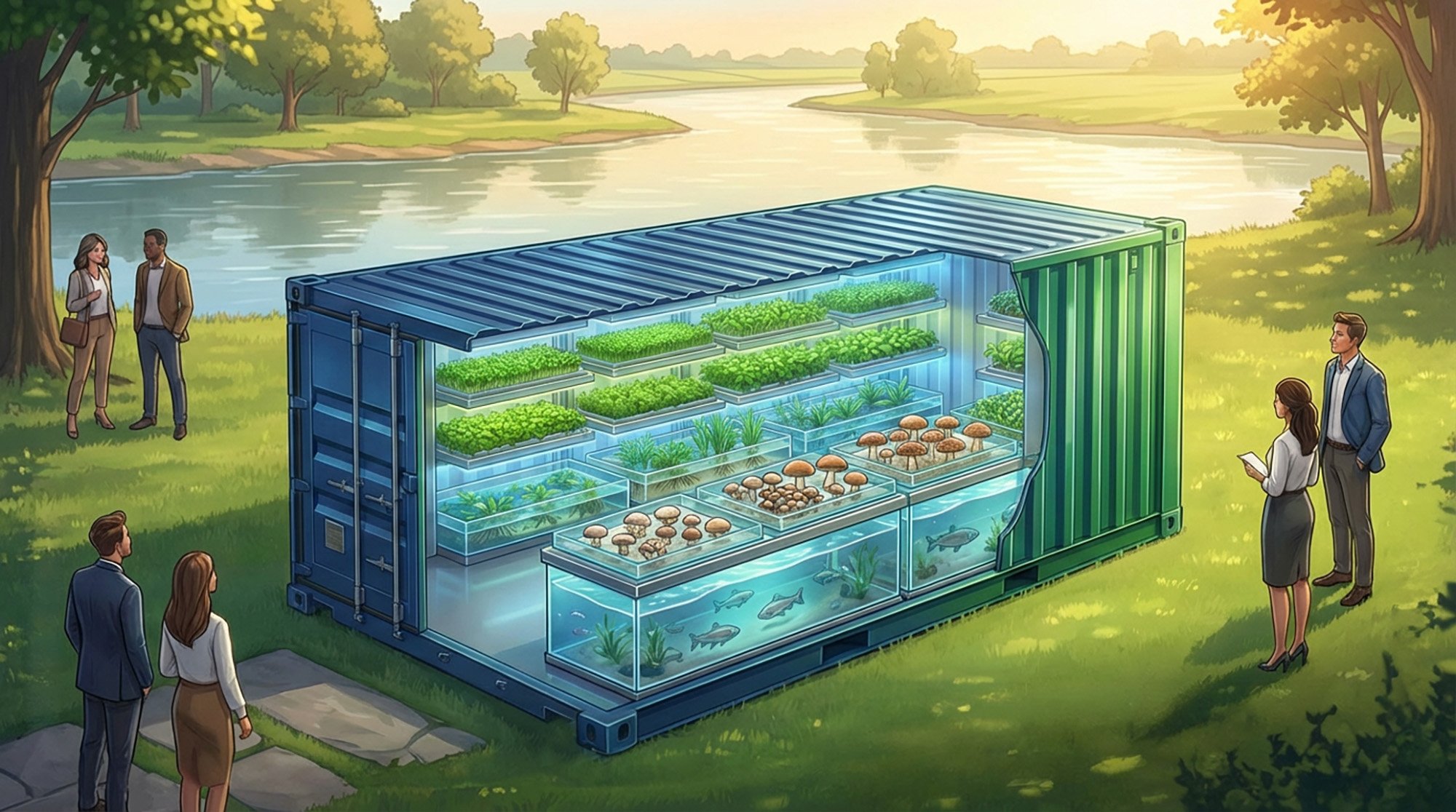 A large transparent container with various plants, mushrooms, and fish inside, situated outdoors near a river with trees and grass, with six people observing and discussing it.