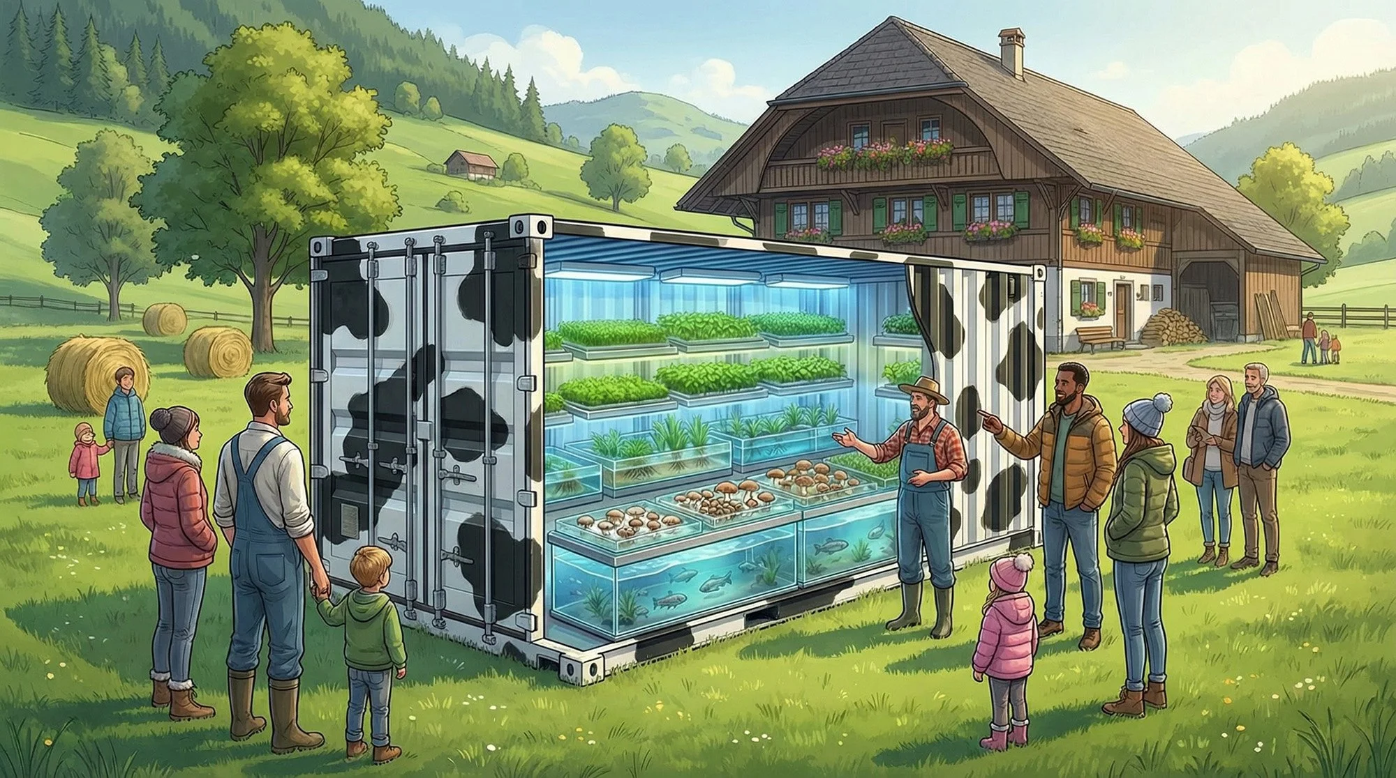 A farm scene with a large barn, green hills, trees, hay bales, and a crowd gathered around a mobile greenhouse made from a repurposed shipping container. Inside the container are thriving plants, mushrooms, and fish, indicating aquaponic farming. Two farmers are explaining the system to the visitors, who include adults and children dressed warmly for cool weather.