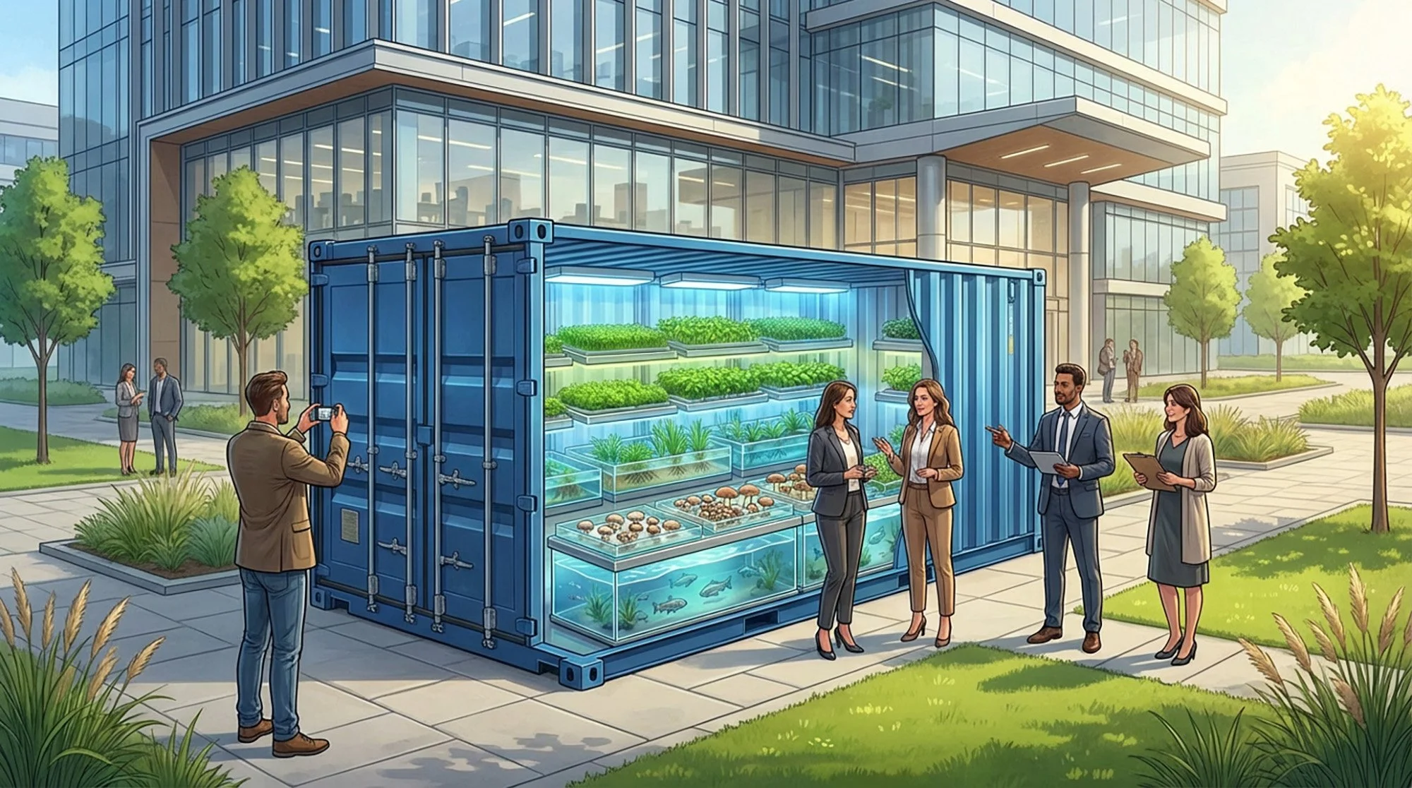 Businesspeople discussing plants inside a converted shipping container in an outdoor city park, with others walking and taking photos, tall modern buildings and trees in the background.