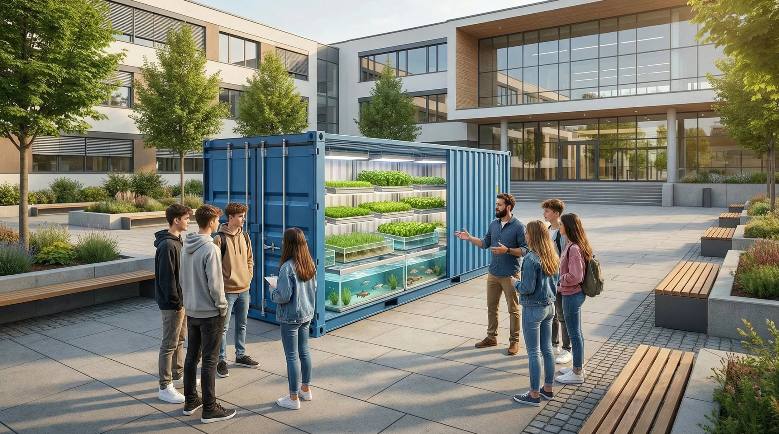 A group of young students listening to a man giving a presentation outdoors next to a mobile indoor garden inside a shipping container on a university campus. The garden has several shelves with lush green plants and fish tanks below.