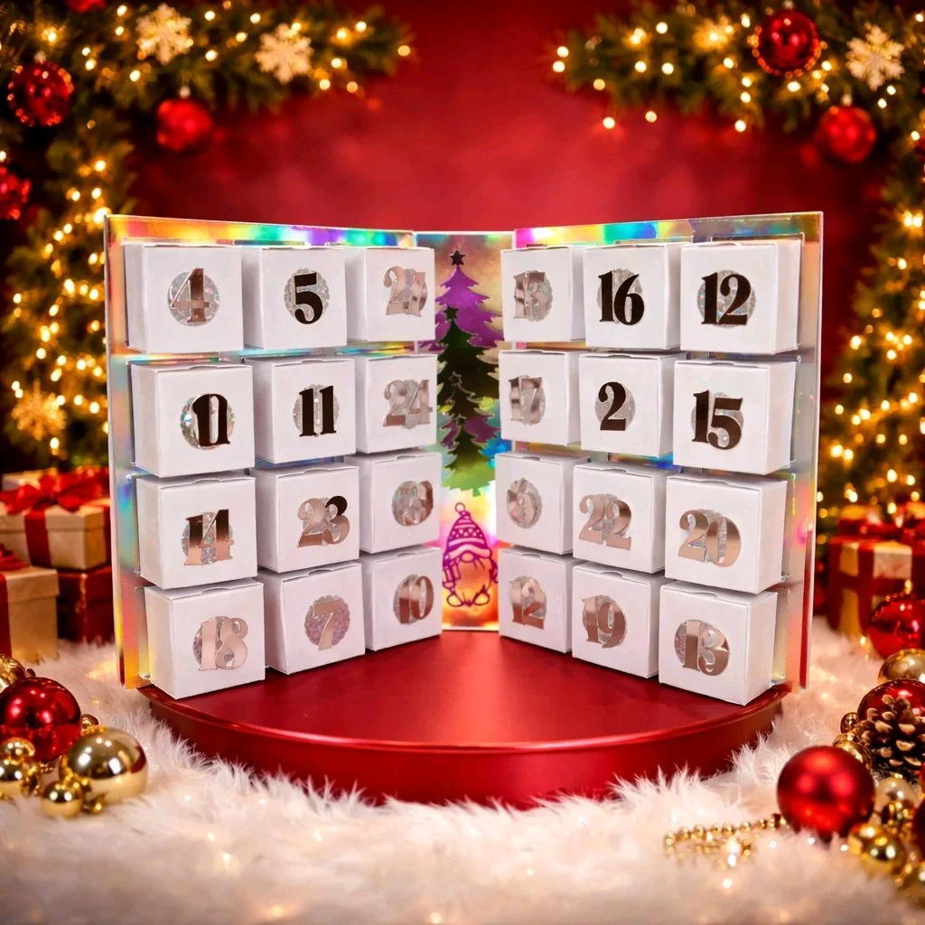 On the front of the box is a festive scene to create a bespoke, shiny finish. The holographic card gives the whole calendar a shimmering, festive look that catches the light.
Ideal for: personalised Christmas countdowns, gift reveals.