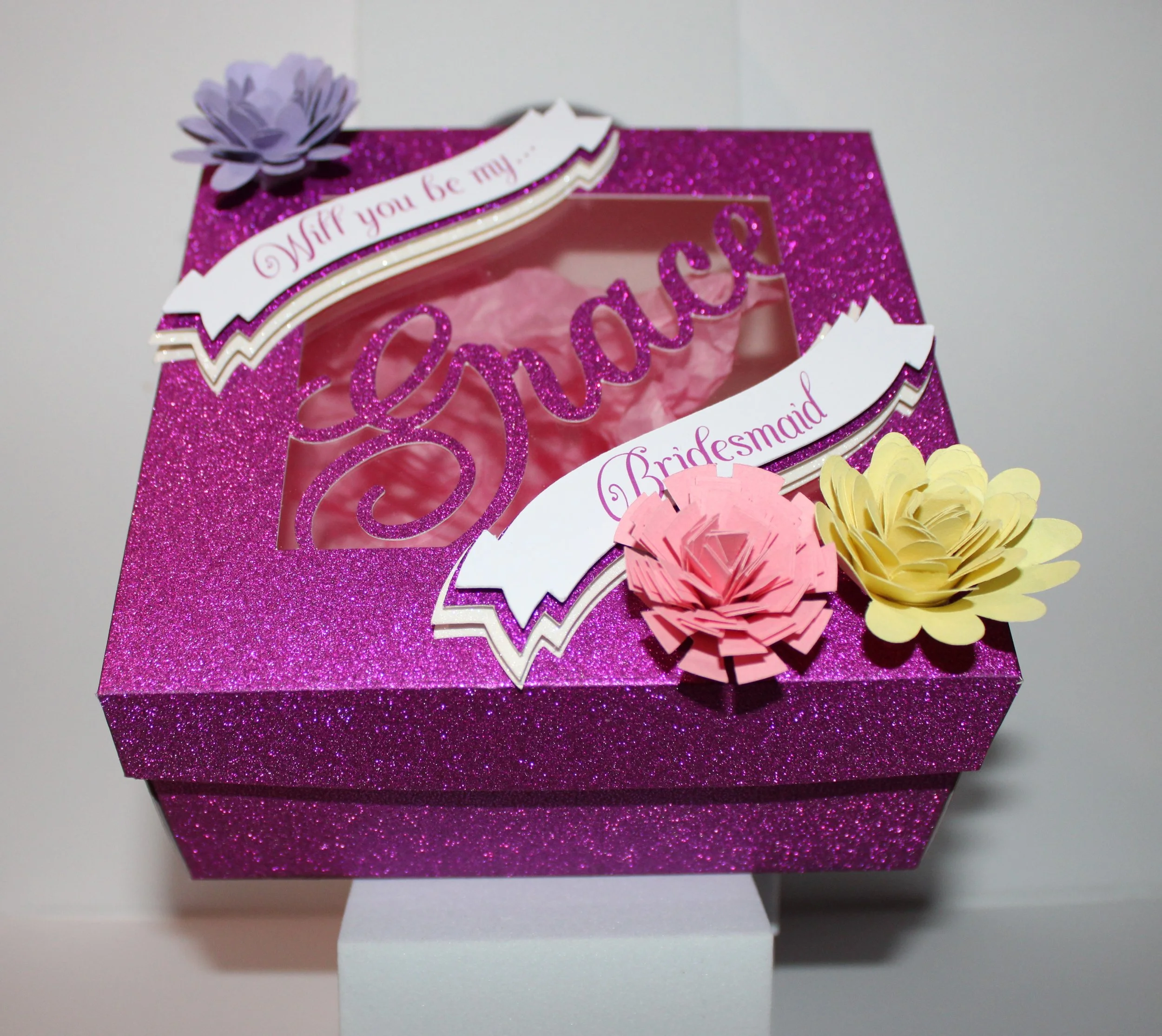 Also attached is a little scroll asking the big question. Fill the box with your own choice of gifts or take a peek on my next page for those quirky little box fillers.
