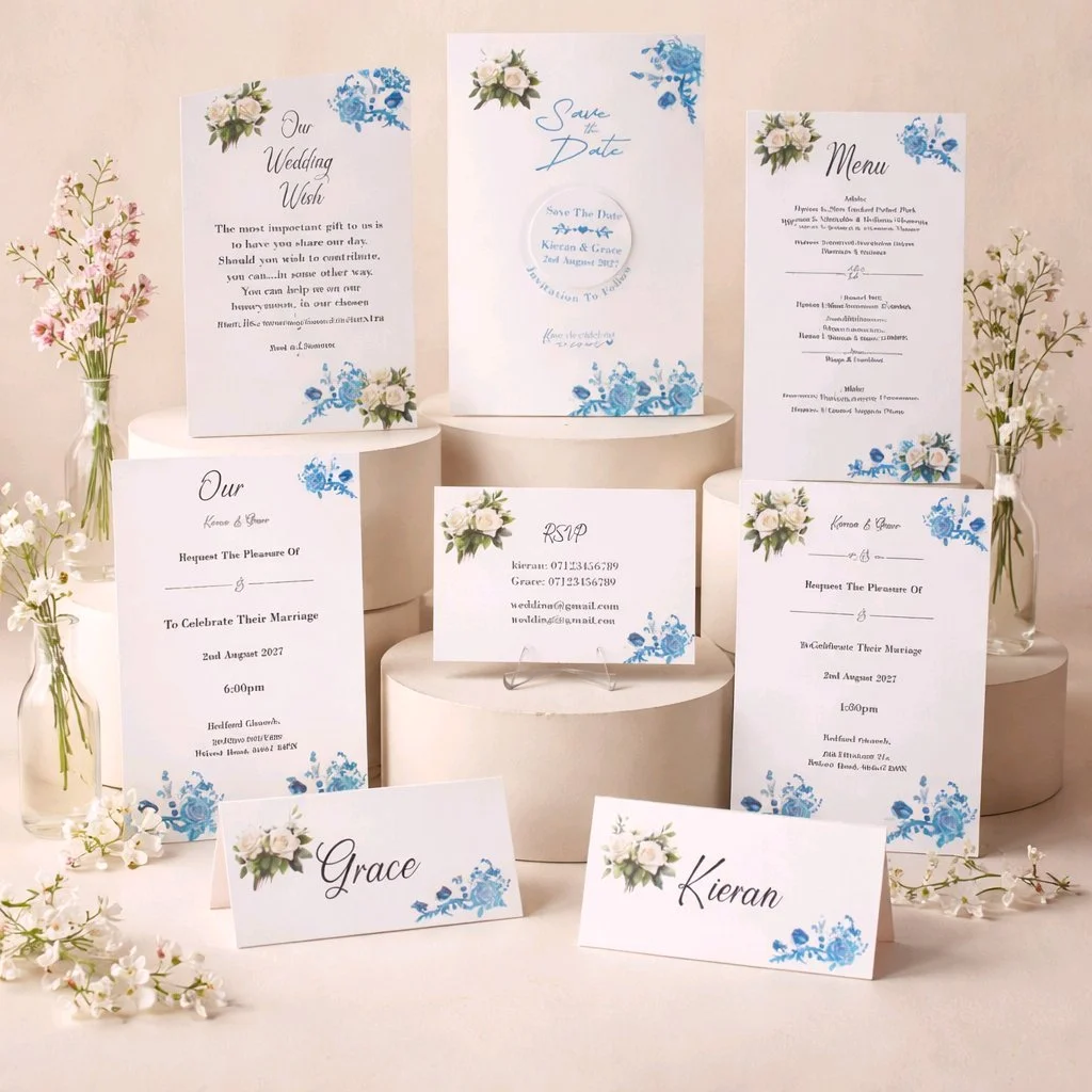 WHITE ROSE/BLUE FLORAL INVITATION PACKAGE! 
This package offers a comprehensive set for your special day. Each card offers a beautiful finish adding a touch of sophistication. white roses and blue florals are printed on each card enhancing the aesthe