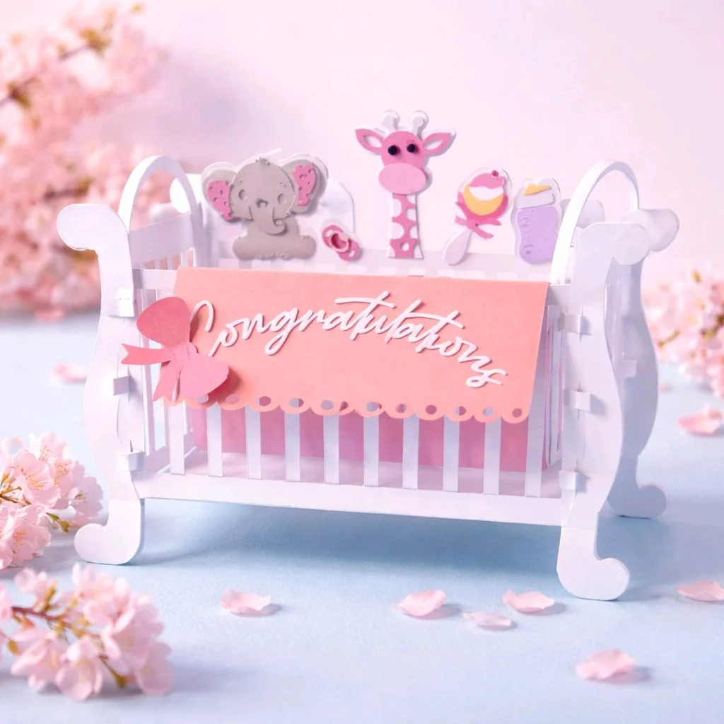 Delicate cot-shaped gift holder!
Cut entirely from premium card — the perfect keepsake for a new baby or baby shower. Designed to hold small gifts, confetti, sweets or favour tokens, this miniature cot combines charming detail with sturdy constructio