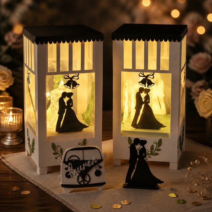 This design ensures your table is beautifully illuminated, enhancing the ambiance of your celebration. The base is elevated, featuring four silhouettes of the wedding couple. 