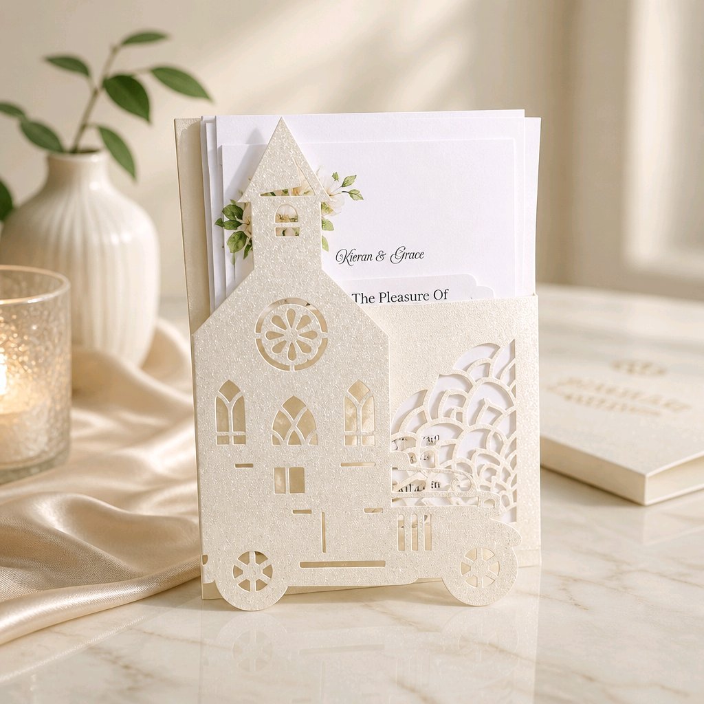 VINTAGE CAR & CHURCH INVITATION PACKAGE! 
A unique invitation beautifully cut to resemble a vintage car in front of the church. Crafted on white shimmering glitter card, this really is a stunning invite.
#003