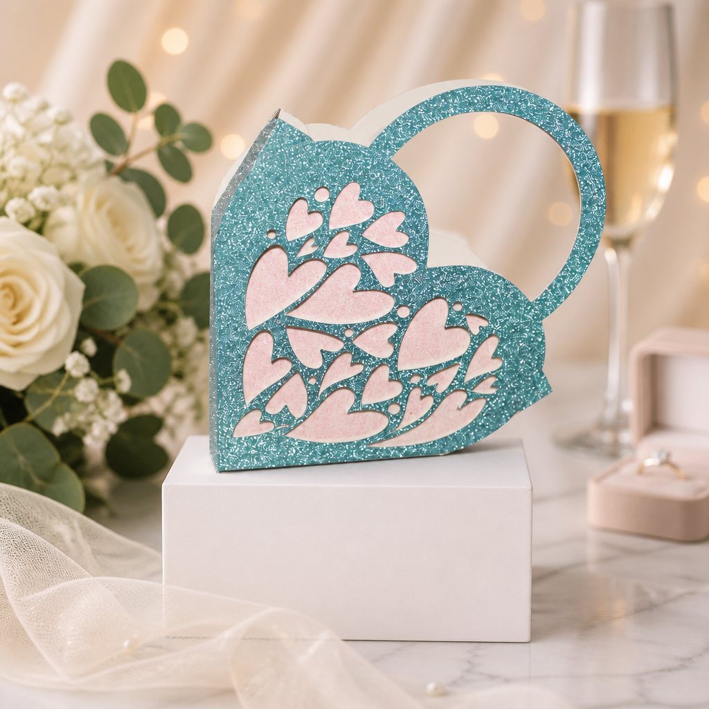 Intricate heart box with handles! 
Crafted from a beautiful blue glitter card, 

this box has been intricately cut with inner hearts & a background colour to highlight the hearts. A stunning little box with ample room for those sweet treats. #00160