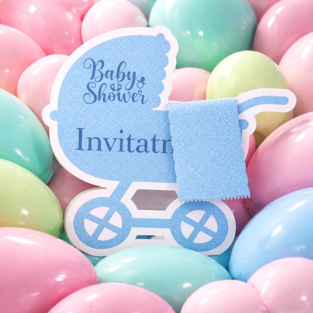Baby Shower Invitation — Pram Shape with Blanket Blue!
Invitation cut in the shape of a classic pram. A small, attached paper blanket drapes over the pram’s side to give a 3D, cradling effect.
 #00535