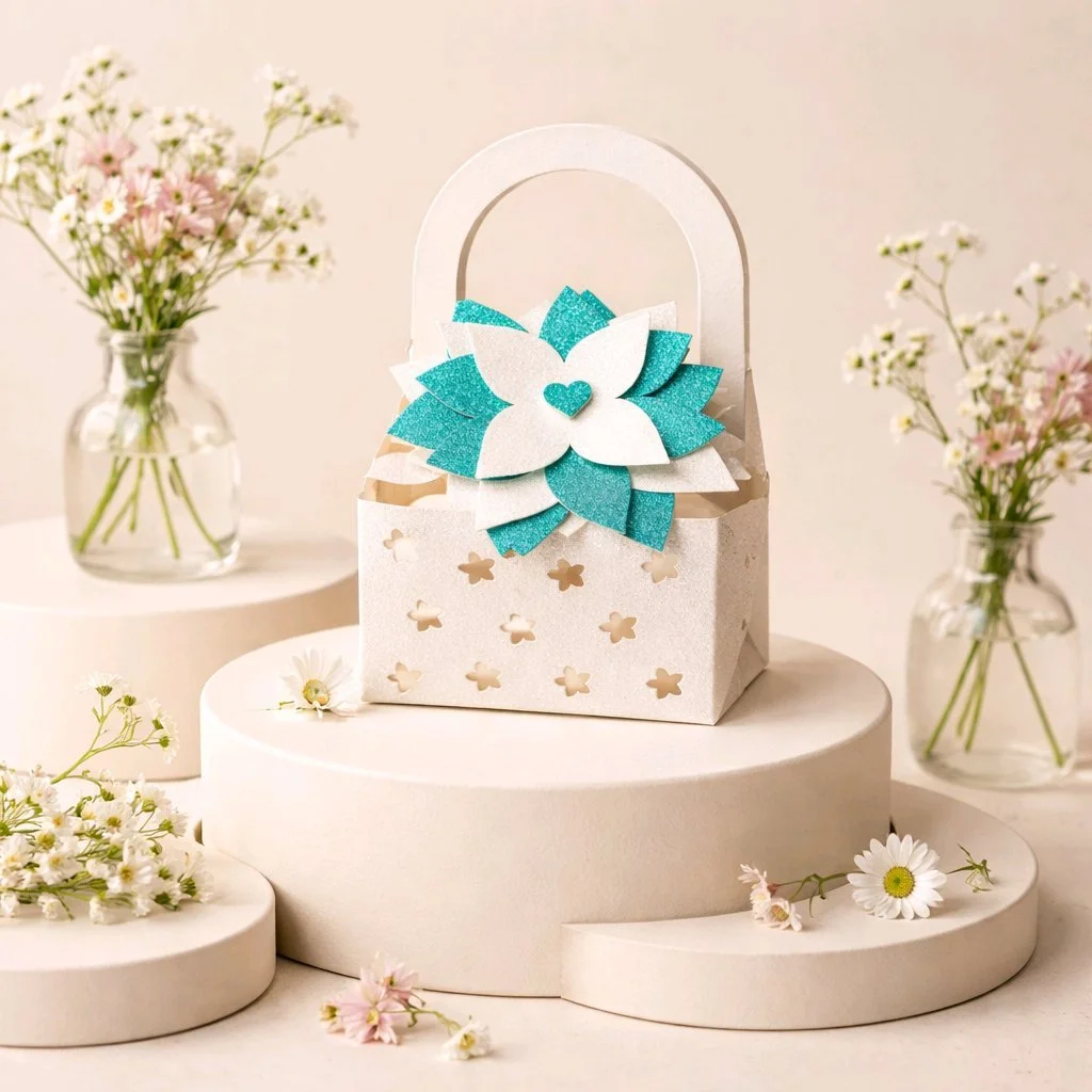 Flower scatter box!
These boxes are so cute, flowers have been intricately cut onto the box. In addition there is also a large flower that acts as a closing. crafted in white & blue glitter card, this box really is beautiful. #00166