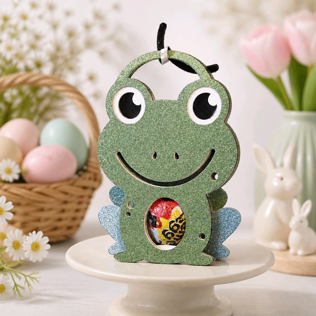 Easter Gift Box! 
Made with care and attention to detail. The box features a charming frog silhouette with subtle embossed details for the eyes and limbs. A small circular window at the front showcases a single decorated Easter egg held securely insi
