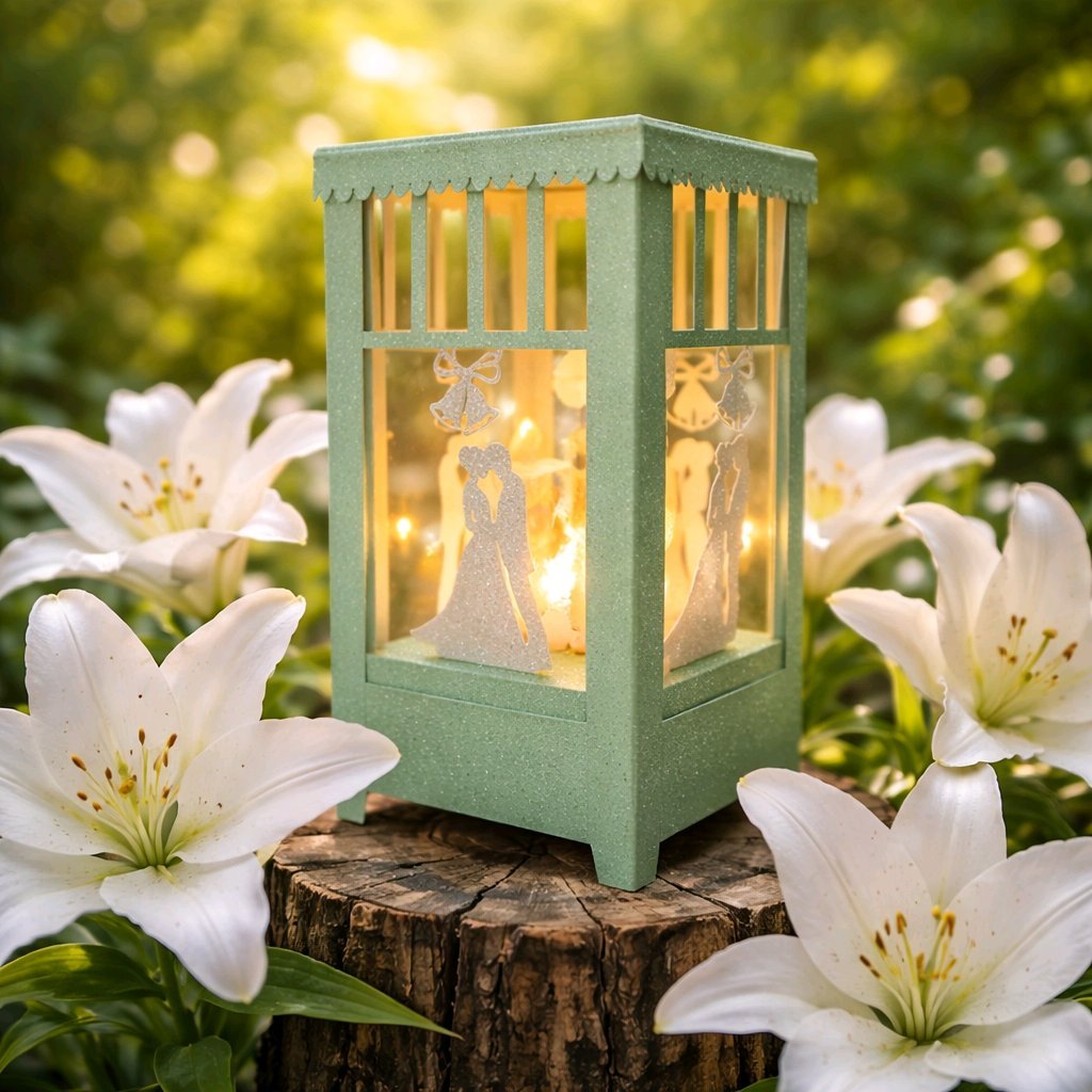 Table Lanterns! (Green)
This wedding table lantern is crafted from white glitter card, adding a touch of sparkle to your special day. 
Just lift the lid, switch the candle on & watch this beauty illuminate your table.
Battery operated candle is inclu