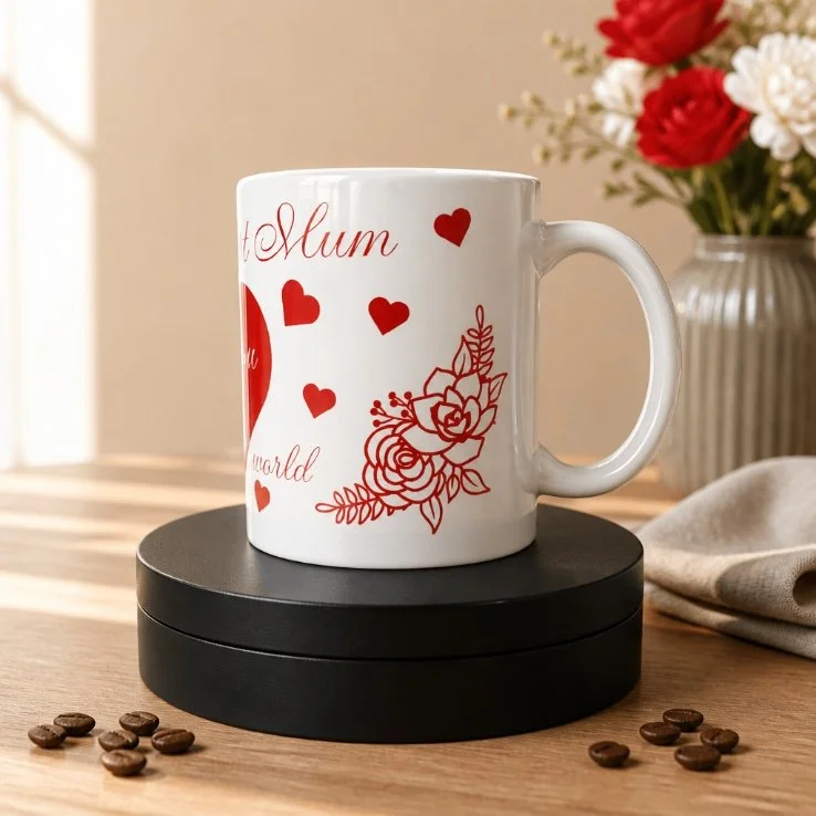 Floral motif printed on both sides of the heart, wrapping slightly around the mug. #00434
