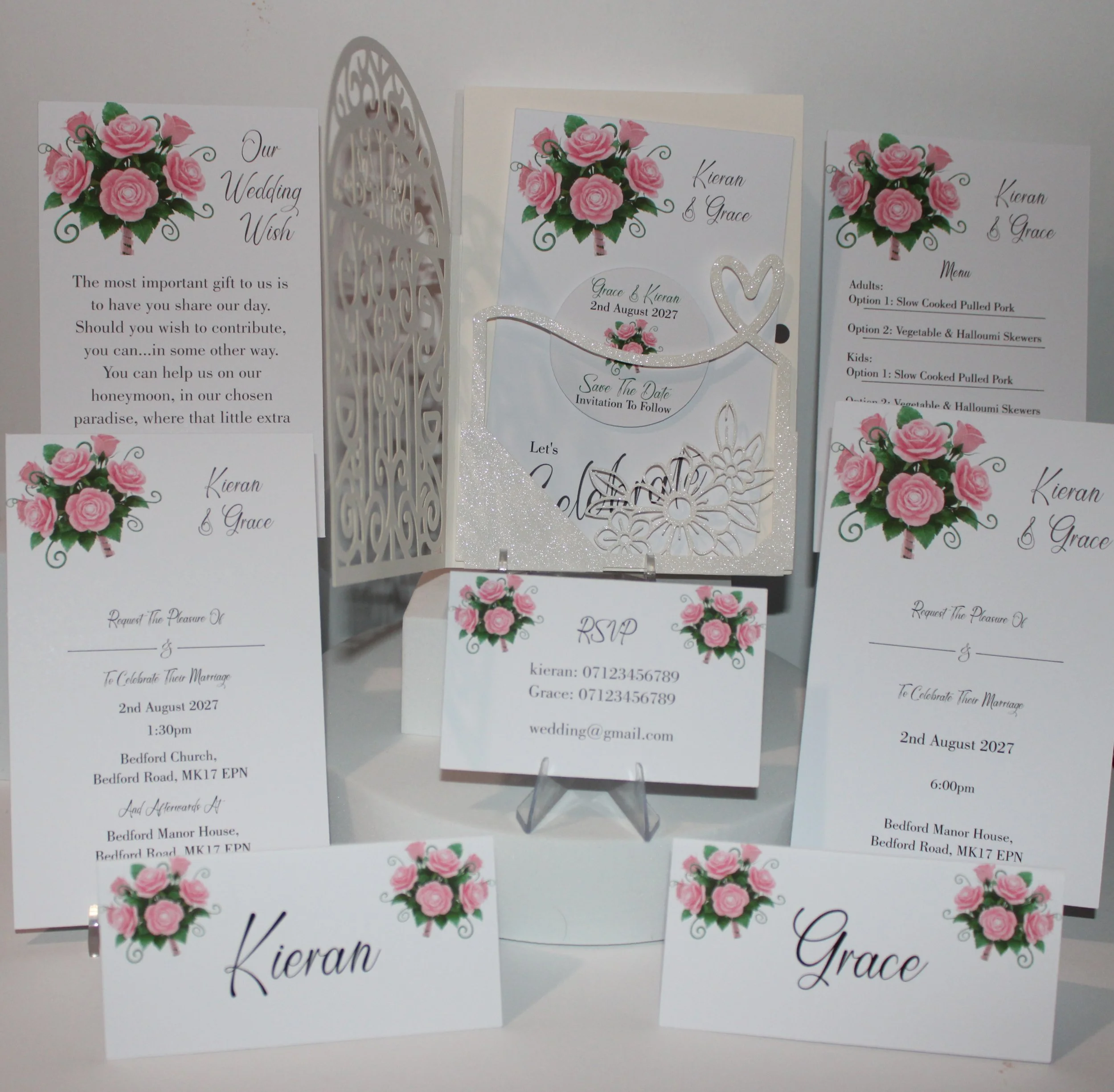 What's included! Crafted carrier card, Save the date with aluminium disc plus magnet for fridge attachment, Daytime & evening invitations, wedding wish card, menu option card, rsvp & two place cards.