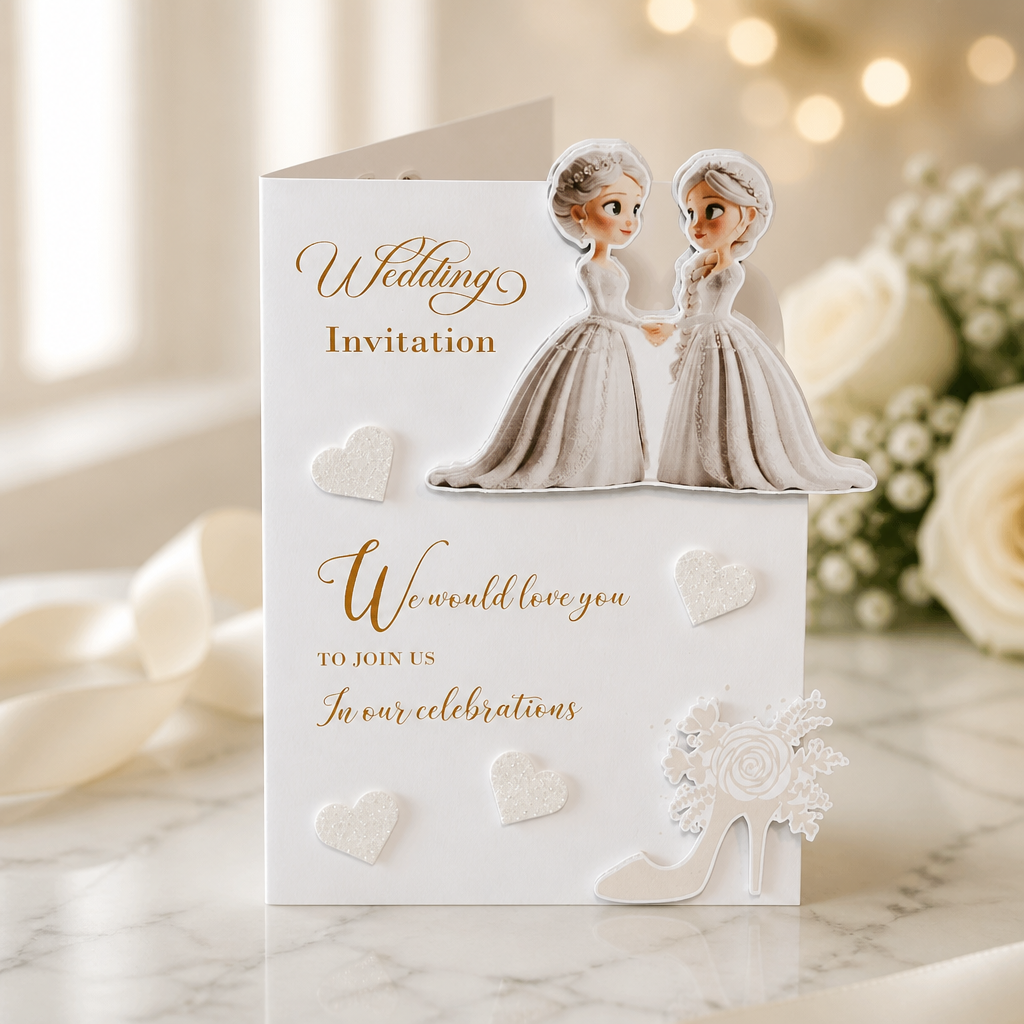 NEW DESIGN! Two Brides With Stiletto Wedding Stationary Package. The two brides and stiletto have been designed extending seamlessly off the edge of the card giving the invitation card a beautiful bespoke design. Inside is a pouch designed especially
