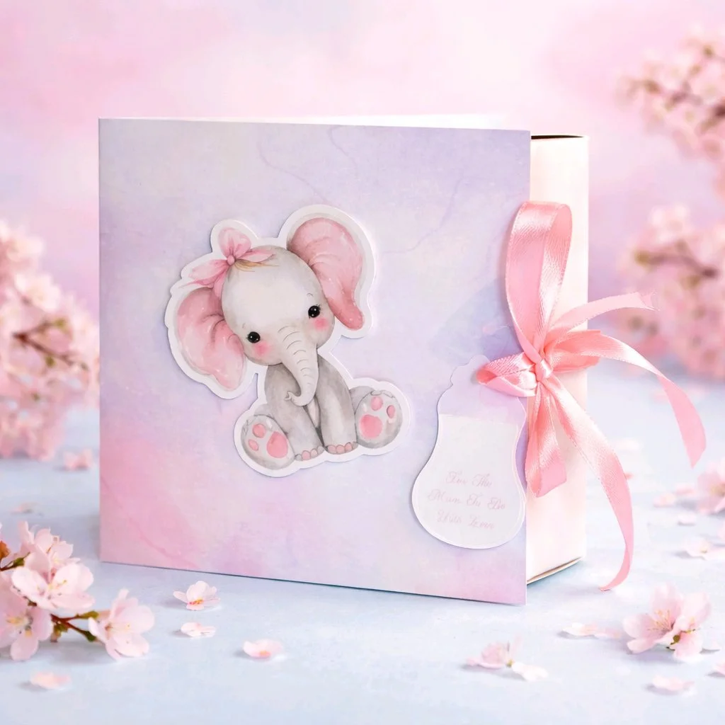 Option 1 Blush Pink! Baby shower gift boxes shaped like a book, featuring a cute animal motif on the front. 
Crafted, sturdy card construction. 
#00536