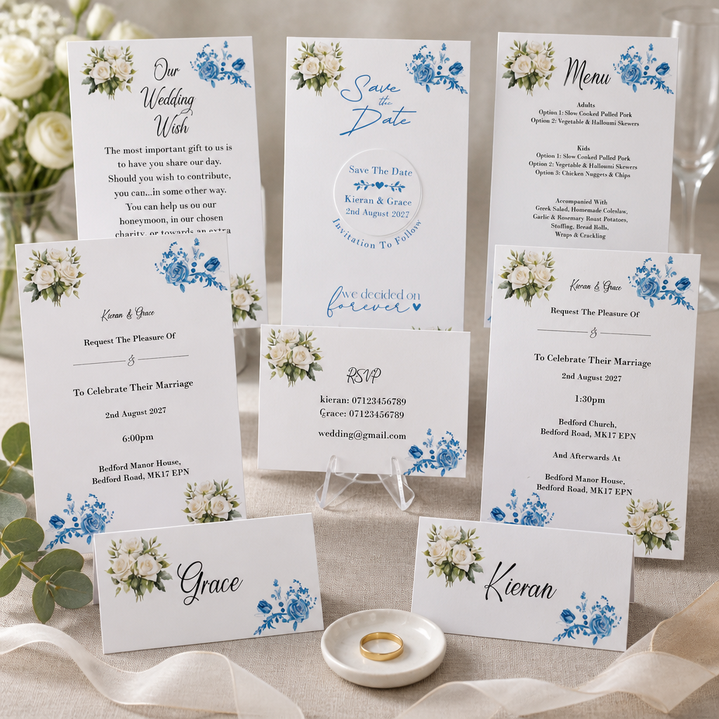  What's included! Save the date with aluminium disc plus magnet for fridge attachment, Daytime & evening invitations, wedding wish, menu option, rsvp & two place cards. #0019