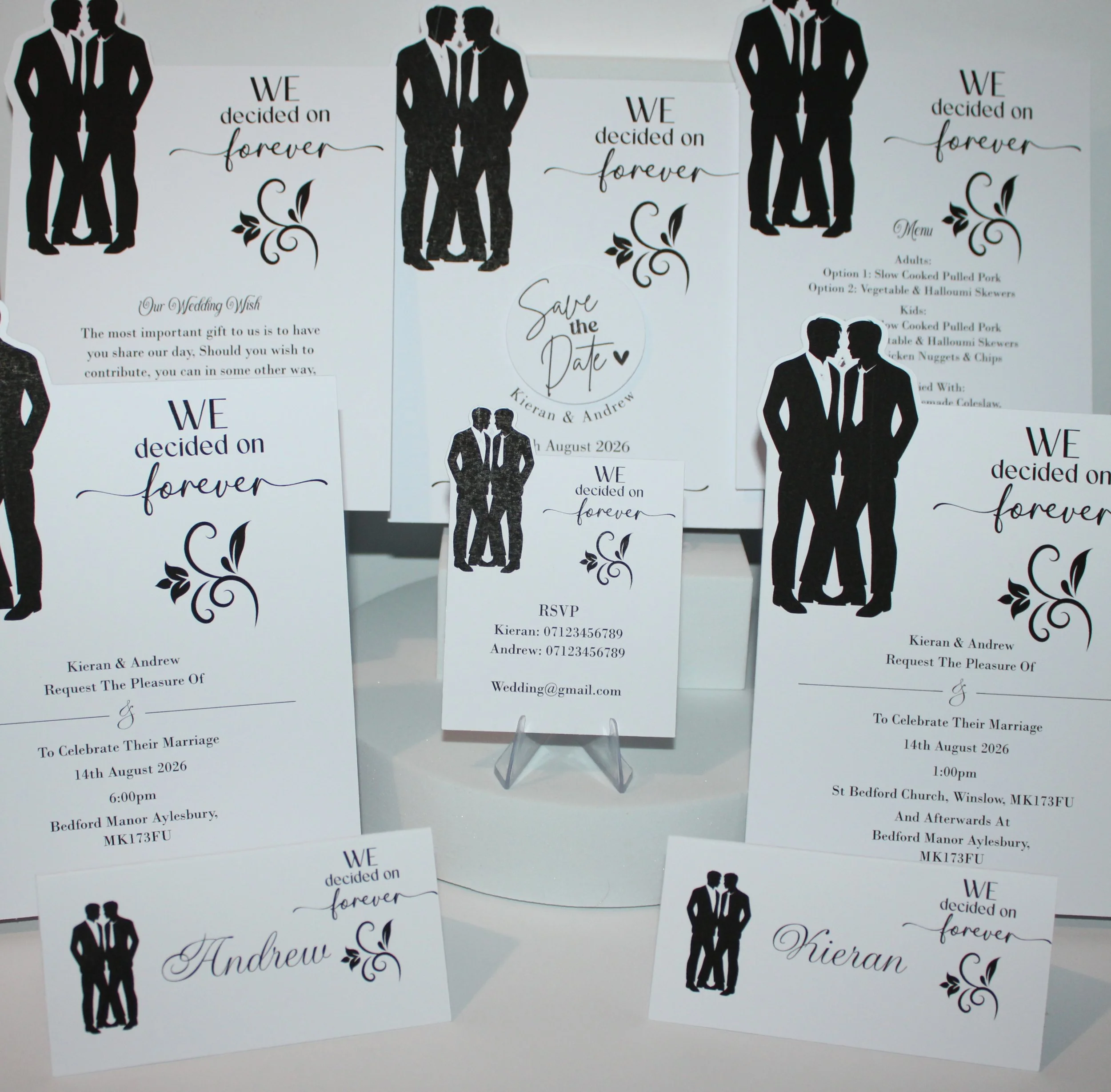 WE DECIDED ON FOREVER INVITATION PACKAGE! 
The invitation features a stunning design where the grooms extend off the page, adding a unique touch that’s absolutely charming. You get everything you need to kickstart your day. This package makes it easy