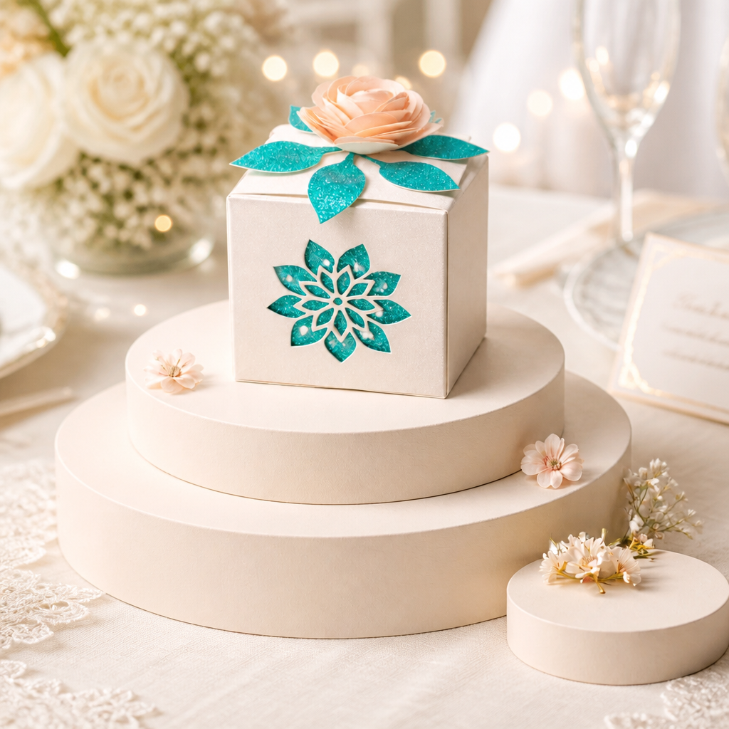 Rose favour box!
Okay, have you seen this adorable wedding favor box with a rose on the lid? 

It’s a total game changer for your big day!

Picture this: a cute little box crafted from shimmering white glitter card, and those intricate flower cutouts