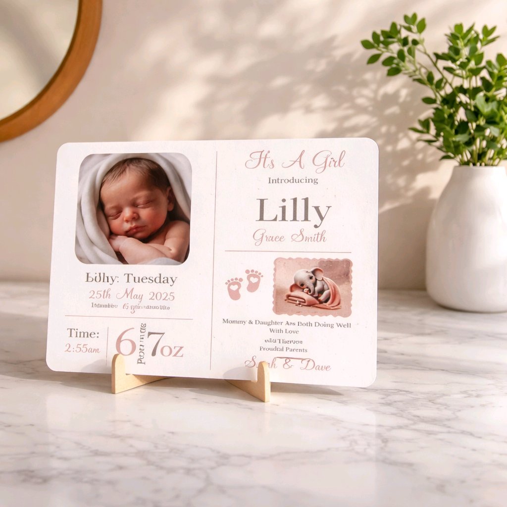 Printed Aluminum Plaques (Girl) Weather-resistant material — suitable for indoor or outdoor display. Multiple sizes available.
Maybe add a small footprint or handprint for that extra special touch. Stand included.
#00532