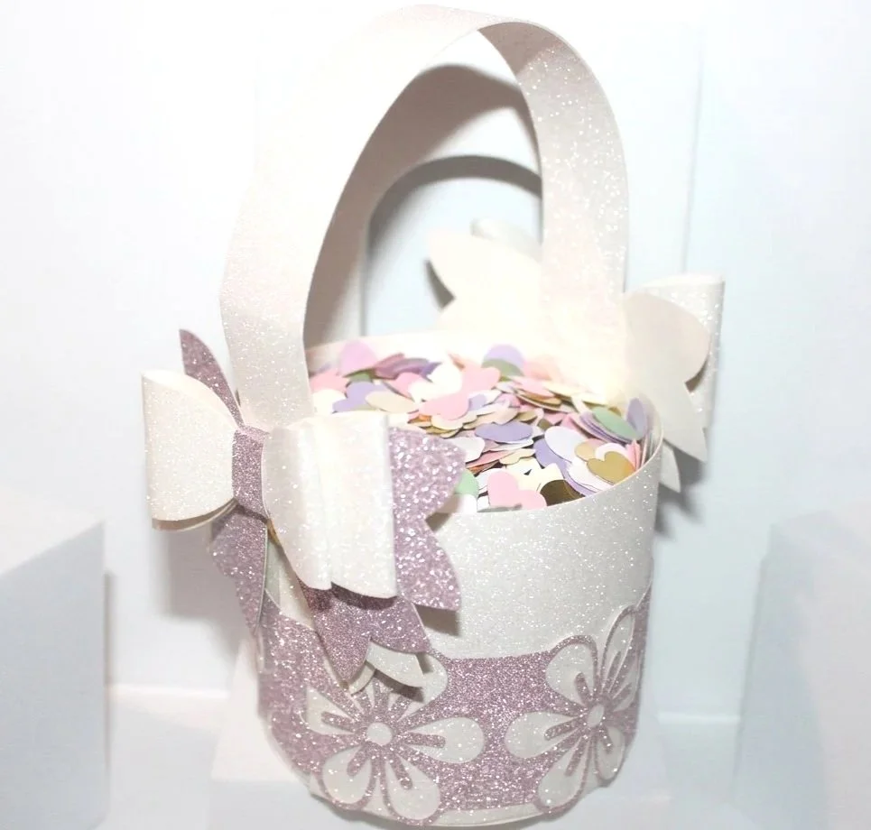 Flower Girl Basket!
Wow! A flower girl basket fit for a princess, This little basket has been cut out of a shimmering white glitter card, that sparkles in the light. (Confetti Not Included) #0086
