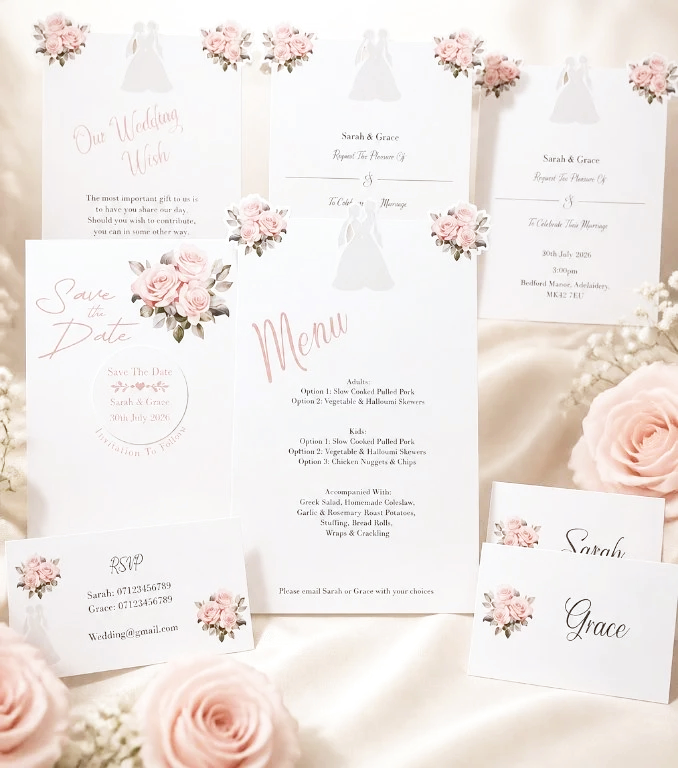 Printed Pink Bouquet Wedding Invitation Package! #0019 £7.99