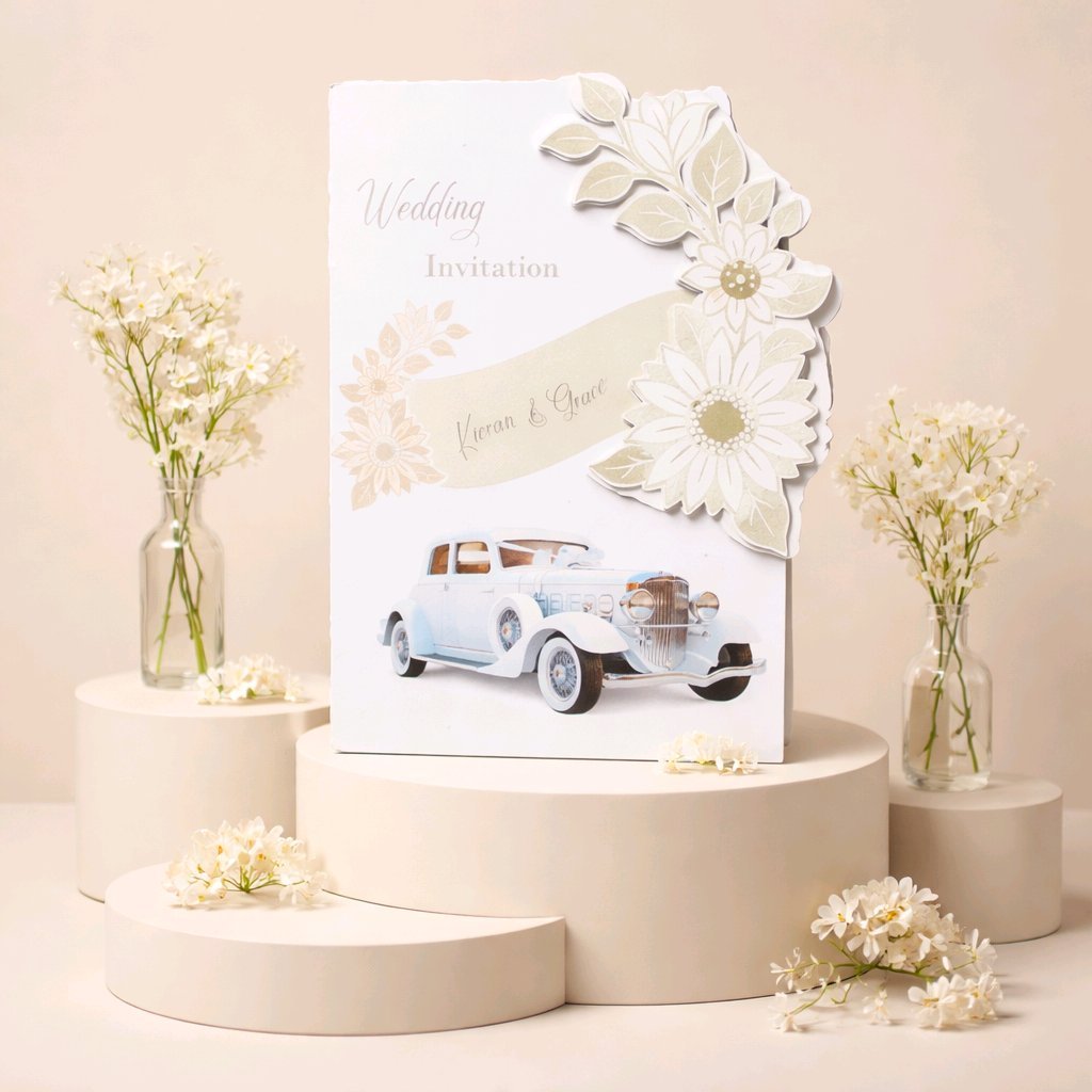 LAYERED FLOWER/VINTAGE CAR INVITATION PACKAGE! 
Just stunningly beautiful! This card has been beautifully printed, with a meticulously crafted edge. #0010