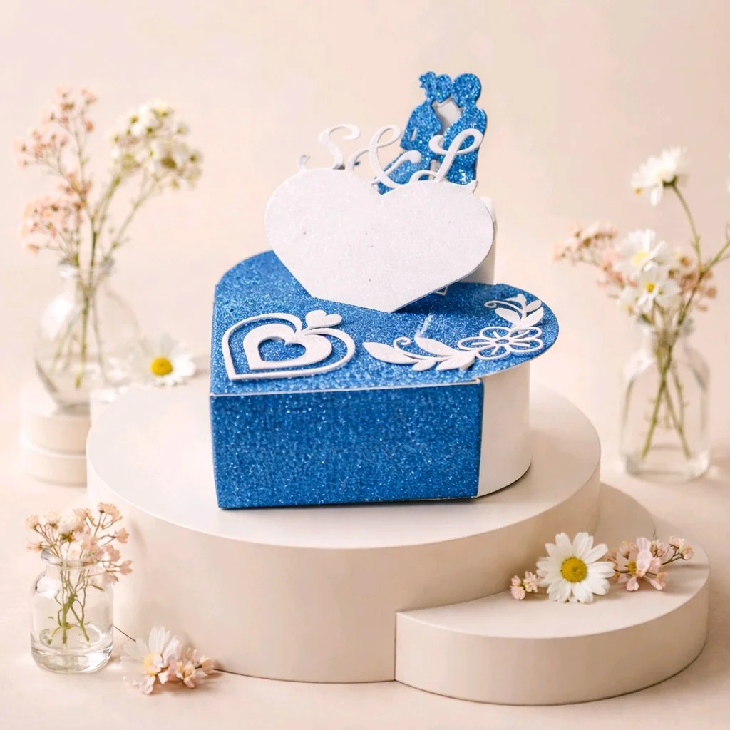 Heart shaped box with bride & groom plus heart with initials! 
This favour box has a gorgeous silhouette of A bride & groom attached to the box. 

In addition to this there is also a heart with your initials cutely placed on the top, making these uni