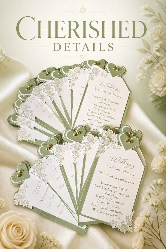Sage green card creates stability and a muted, sophisticated colour tone.
Perfect for intimate weddings where subtle floral detailing and muted colour palettes set a graceful tone. #00297
