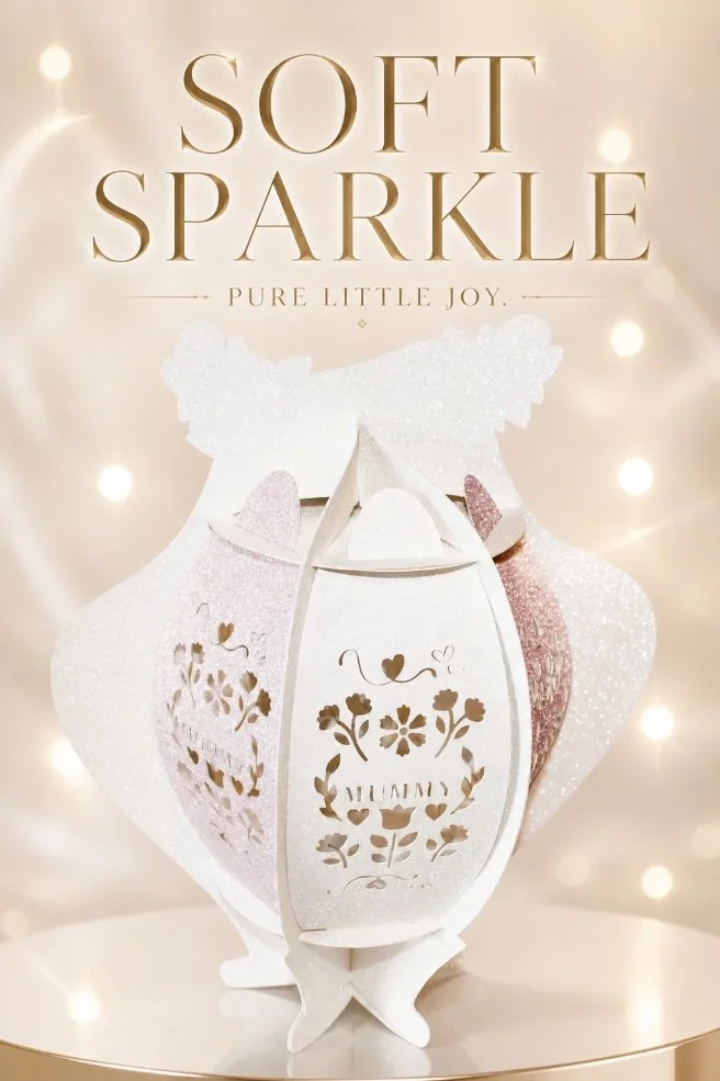 (NEW) Mother's Day Lantern! 
Each panel features delicate floral cut-outs and the word “MUMMY” elegantly die-cut into the sides, with clear acetate windows behind the designs to create a soft, glowing effect. #00427