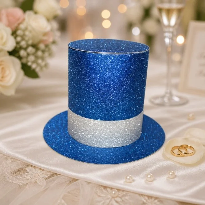 Top Hat Favour Box!
Have you ever seen a favour box like this?
Cut in a beautiful blue glitter card, this box screams elegance. #00157
