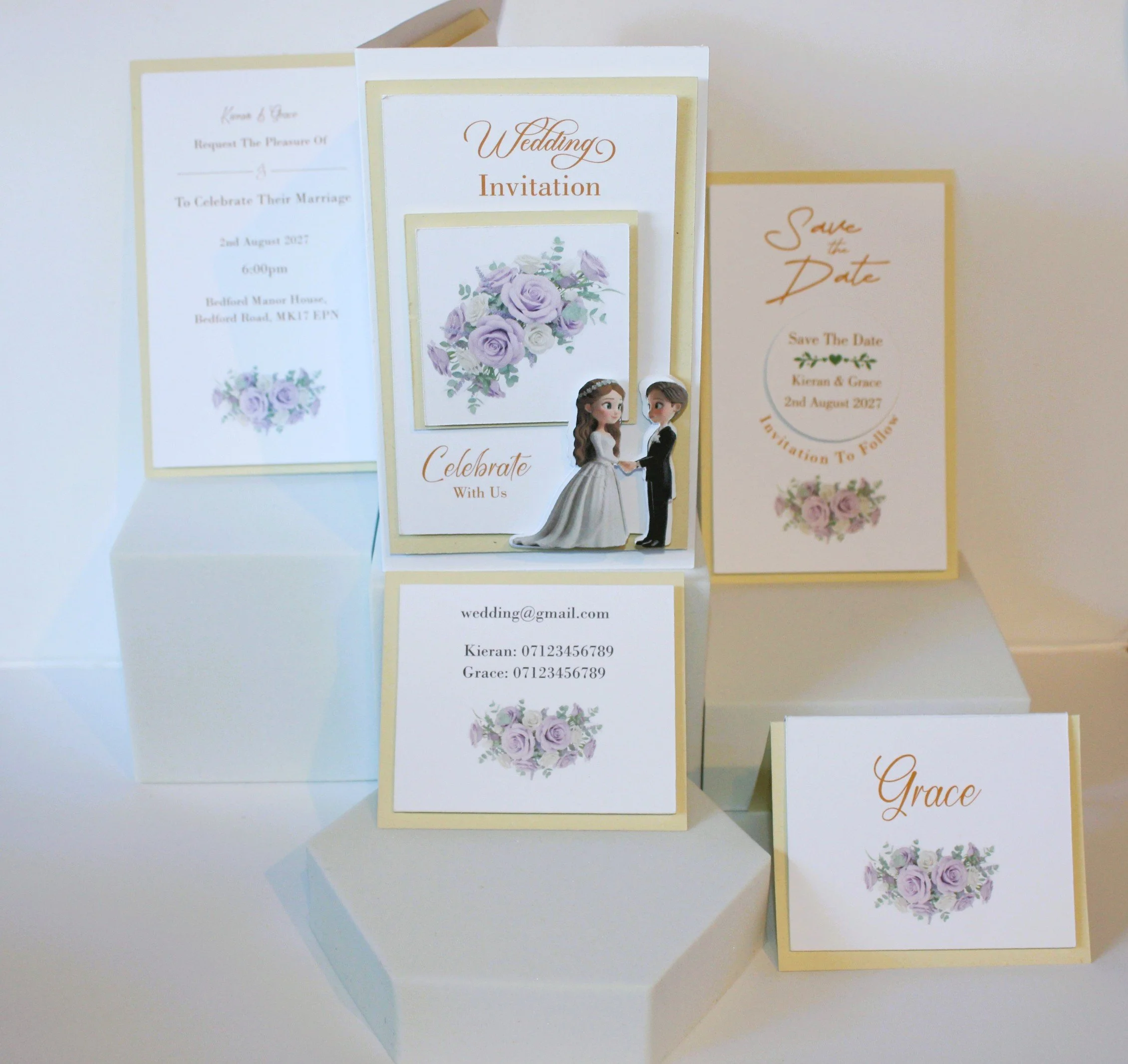 (New) Bride & Groom With Lilac Bouquet Wedding Invitation Package! 

A complete, elegant wedding invitation package printed and assembled onto cream card backgrounds. Each element is carefully crafted for a cohesive and refined presentation.
Front co