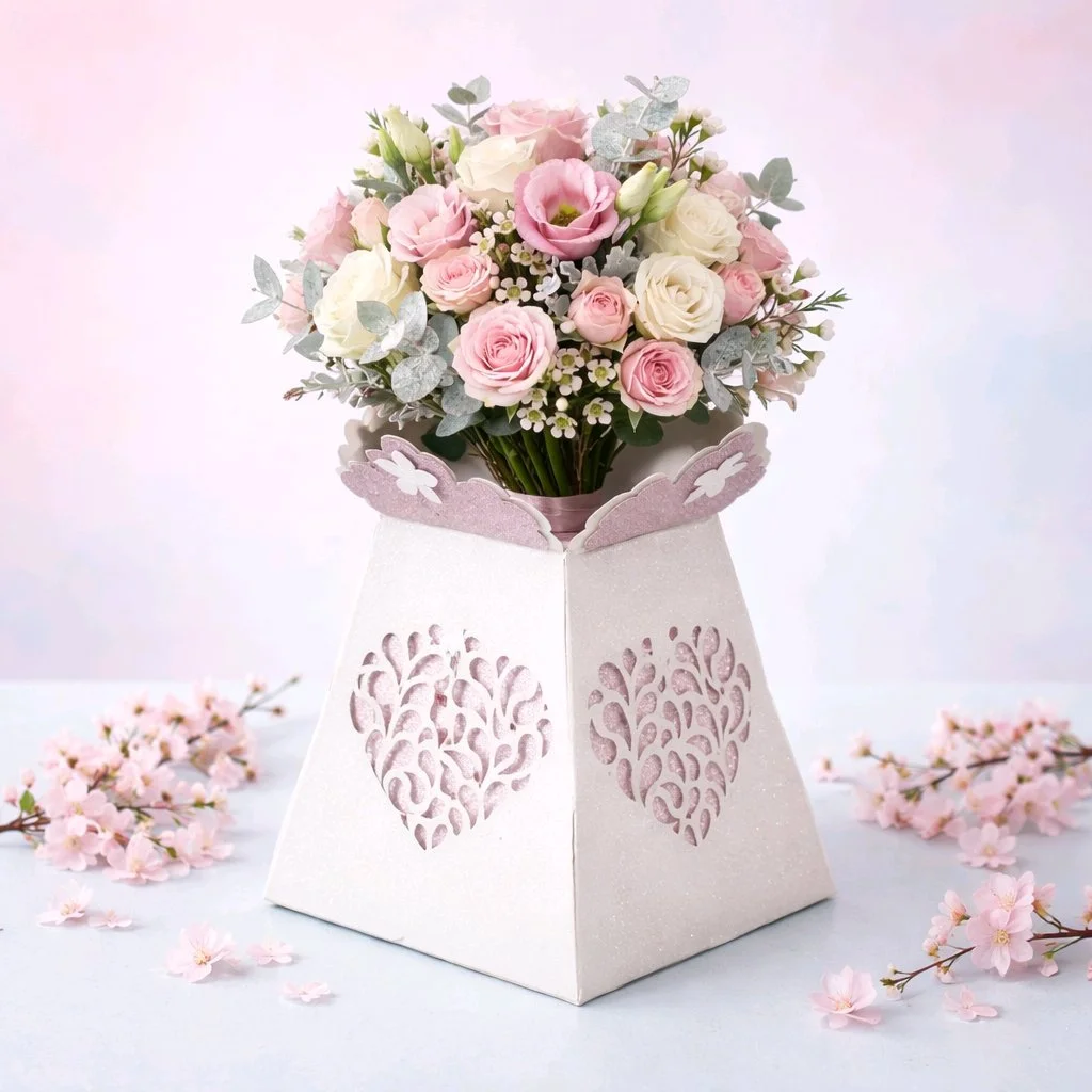 Sweet or Flower Vase! 
Cut onto white glitter card with cute pink flower pieces attached around the lid. (Flowers/Sweets/Candles Not Included)  Hearts have been delicately cut onto each corner of the box. with a light shade of pink behind to showcase