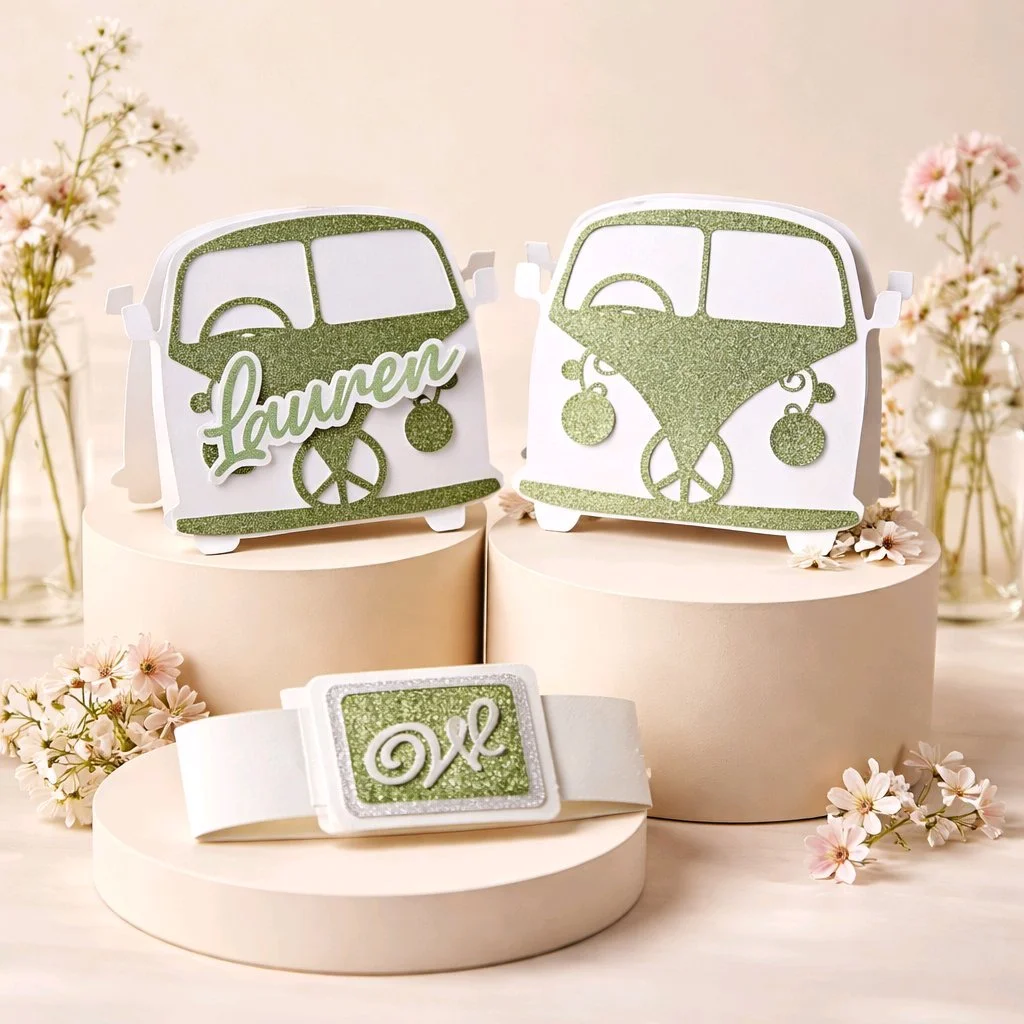 Campervan Place Card!
Cut on white & green glitter card. #0081