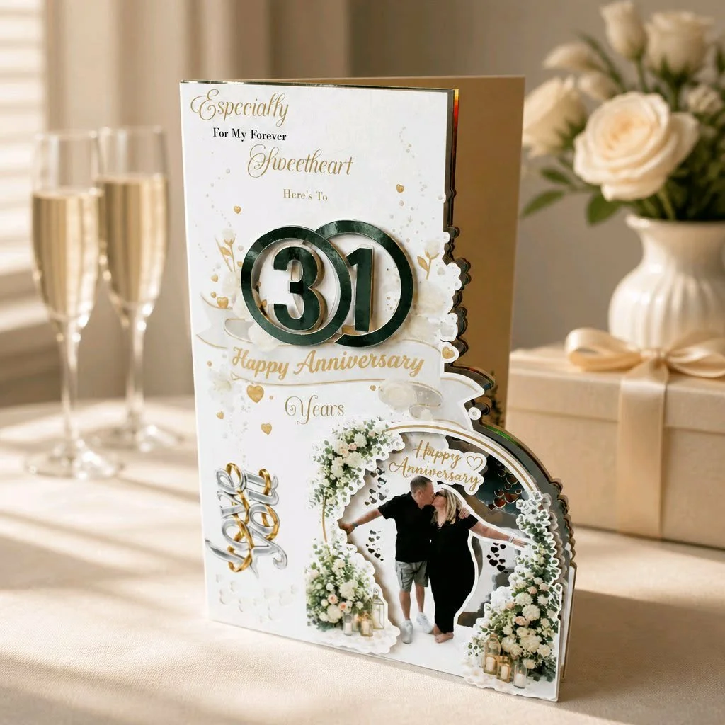 Wedding Anniversary Card! AI-generated floral arch flowing off the bottom-right edge of the front cover, with the couple depicted subtly under the arch. Accent details above the arch are cut from holographic card and layered for a shimmering, reflect