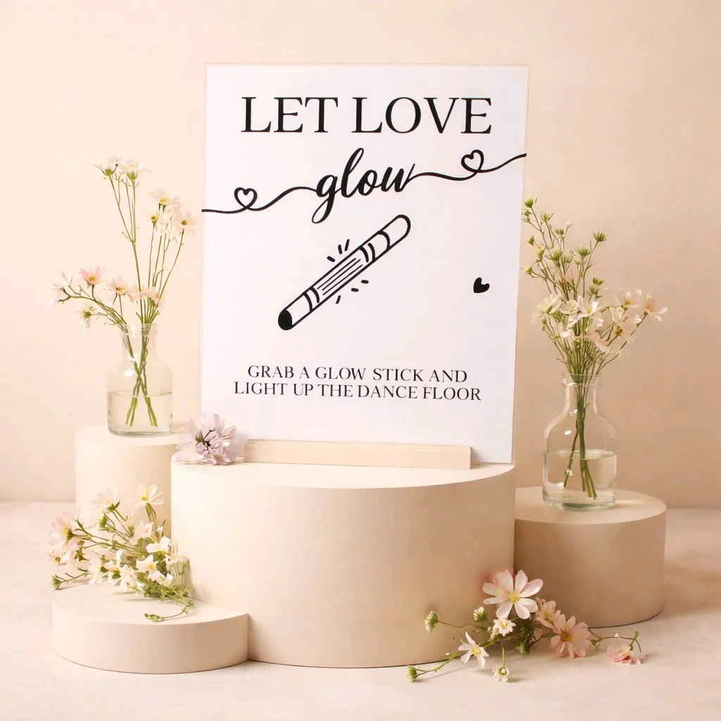 A stylish, practical way to direct your guests: our Glow Stick Signage features a crisp white card cut with vinyl lettering, sandwiched securely between two clear acrylic panels and held upright by a sturdy wooden stand. The clean, modern look ensure